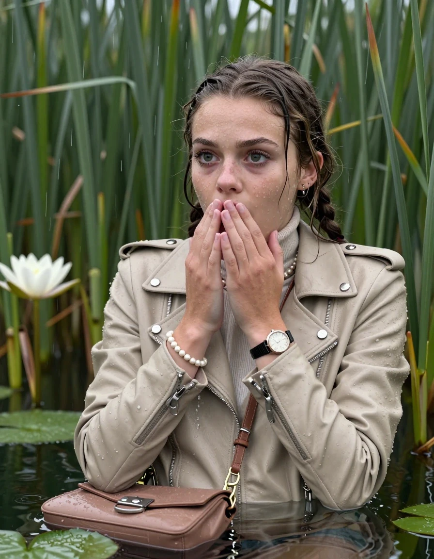 photo of young woman, in soaking wet, drenched clothes,
, , Beige biker leatherjacket, tight turtleneck sweater with wide neckline belly free, handbag, pearl necklace, bracelet, wristwatch , Emerging after diving in a lake with water lilies and reeds, rain , 
enjoying, wet clothes stuck to body,
detailed textures of the wet clothes, wet face, wet plastered hair,
wet, drenched, professional, high-quality details, full body view.
sharp focus, ultra-high pixel detail, realistic, high-quality, full colors, incredibly detailed, 4k, 8k, 16k, hyper-realistic, RAW photo, masterpiece, ultra-detailed, professionally color graded, professional photograph, Pigtails

15 years old  teenage girl

Laying her breast on the surface.  Looking slightly away. Hold her hands on her mouth.Open mouth, big eyes.

she is completely underwater up to her neck, afraid and astonished expression. 

She hides in the reeds and is surprised by spectators

her submerged clothes are hardly vusible under water, she soaked her handbag into the water

close up view, wet skin, wet clothes, wet hair, damp fabric, water runs down the clothes, wet skin, wet clothes, damp fabric., wet skin, wet clothes, damp fabric, wet skin, wet clothes, damp fabric