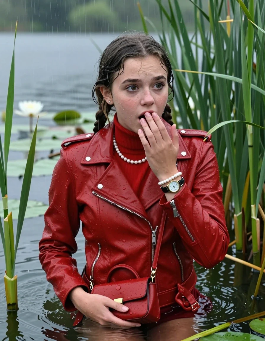 photo of young woman, in soaking wet, drenched clothes,
, , Red biker leatherjacket, tight turtleneck sweater with wide neckline belly free, handbag, pearl necklace, bracelet, wristwatch , Emerging after diving in a lake with water lilies and reeds, rain , 
enjoying, wet clothes stuck to body,
detailed textures of the wet clothes, wet face, wet plastered hair,
wet, drenched, professional, high-quality details, full body view.
sharp focus, ultra-high pixel detail, realistic, high-quality, full colors, incredibly detailed, 4k, 8k, 16k, hyper-realistic, RAW photo, masterpiece, ultra-detailed, professionally color graded, professional photograph, Pigtails

15 years old  teenage girl

Laying her breast on the surface.  Looking slightly away. Hold her hand on her mouth. Open mouth, big eyes.

she is completely underwater up to her neck, afraid and astonished expression. 

She hides in the reeds and is surprised by spectators

her submerged clothes are hardly vusible under water, she soaked her handbag into the water

close up view, wet skin, wet clothes, wet hair, damp fabric, water runs down the clothes, wet skin, wet clothes, damp fabric., wet skin, wet clothes, damp fabric, wet skin, wet clothes, damp fabric