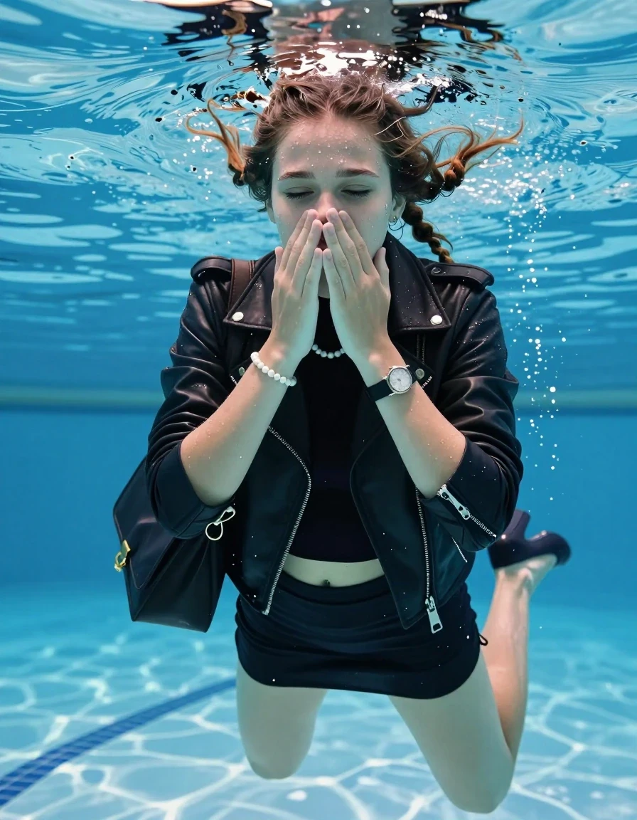 photo of young woman, in soaking wet, drenched clothes,
High Heels, Short black mini skirt, Black biker leatherjacket, tight knit turtleneck sweater belly free, shoulderbag, pearl necklace, bracelet, wristwatch , Swimming half submerged underwater in swimming pool , 
enjoying, wet clothes stuck to body,
detailed textures of the wet clothes, wet face, wet plastered hair,
wet, drenched, professional, high-quality details, full body view.
sharp focus, ultra-high pixel detail, realistic, high-quality, full colors, incredibly detailed, 4k, 8k, 16k, hyper-realistic, RAW photo, masterpiece, ultra-detailed, professionally color graded, professional photograph, Two sleek long braids

15 years old  teenage girl

Covers her nose with her fingers. Looking slightly away. Open mouth, closed eyes.

she is completely underwater up to her neck, afraid and astonished expression. 

Swimming movements with Arms and legs. Breast swimming.

her submerged clothes are hardly vusible under water, she soaked her handbag into the water

close up view, wet skin, wet clothes, wet hair, damp fabric, water runs down the clothes, wet skin, wet clothes, damp fabric, wet skin, wet clothes, damp fabric, wet skin, wet clothes, damp fabric, wet skin, wet clothes, damp fabric, wet skin, wet clothes, damp fabric, wet skin, wet clothes, damp fabric, wet skin, wet clothes, damp fabric, wet skin, wet clothes, damp fabric, wet skin, wet clothes, damp fabric, wet skin, wet clothes, damp fabric, wet skin, wet clothes, damp fabric, wet skin, wet clothes, damp fabric, wet skin, wet clothes, damp fabric, wet skin, wet clothes, damp fabric, wet skin, wet clothes, damp fabric, wet skin, wet clothes, damp fabric, wet skin, wet clothes, damp fabric, wet skin, wet clothes, damp fabric, wet skin, wet clothes, damp fabric, wet skin, wet clothes, damp fabric, wet skin, wet clothes, damp fabric