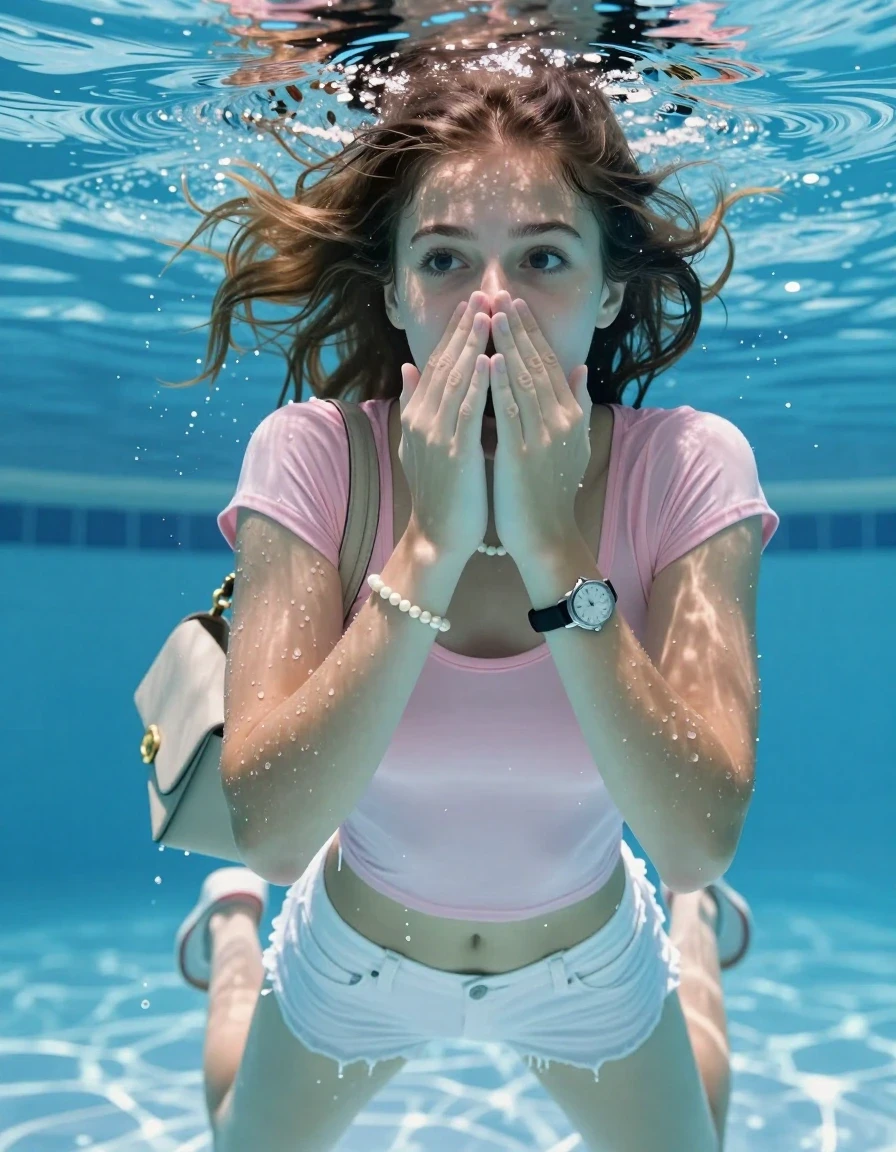 photo of young woman, in soaking wet, drenched clothes,
Heels, White mini , tight pink sexy tshirt with wide neckline belly free, shoulderbag, pearl necklace, bracelet, wristwatch , Swimming underwater in swimming pool, only head is visible over surface, 
enjoying, wet clothes stuck to body,
detailed textures of the wet clothes, wet face, wet plastered hair,
wet, drenched, professional, high-quality details, full body view.
sharp focus, ultra-high pixel detail, realistic, high-quality, full colors, incredibly detailed, 4k, 8k, 16k, hyper-realistic, RAW photo, masterpiece, ultra-detailed, professionally color graded, professional photograph, sleek long straight hair 

15 years old  teenage girl

Covers her nose with her hands. Looking slightly away. Open mouth, big eyes.

she is completely underwater up to her neck, afraid and astonished expression. 

Swimming movements with Arms and legs. Breast swimming.

her submerged clothes are hardly vusible under water, she soaked her handbag into the water

close up view, wet skin, wet clothes, wet hair, damp fabric, water runs down the clothes, wet skin, wet clothes, damp fabric, wet skin, wet clothes, damp fabric, wet skin, wet clothes, damp fabric, wet skin, wet clothes, damp fabric, wet skin, wet clothes, damp fabric, wet skin, wet clothes, damp fabric, wet skin, wet clothes, damp fabric, wet skin, wet clothes, damp fabric, wet skin, wet clothes, damp fabric, wet skin, wet clothes, damp fabric, wet skin, wet clothes, damp fabric, wet skin, wet clothes, damp fabric, wet skin, wet clothes, damp fabric, wet skin, wet clothes, damp fabric, wet skin, wet clothes, damp fabric, wet skin, wet clothes, damp fabric, wet skin, wet clothes, damp fabric, wet skin, wet clothes, damp fabric, wet skin, wet clothes, damp fabric, wet skin, wet clothes, damp fabric, wet skin, wet clothes, damp fabric, wet skin, wet clothes, damp fabric, wet skin, wet clothes, damp fabric, wet skin, wet clothes, damp fabric