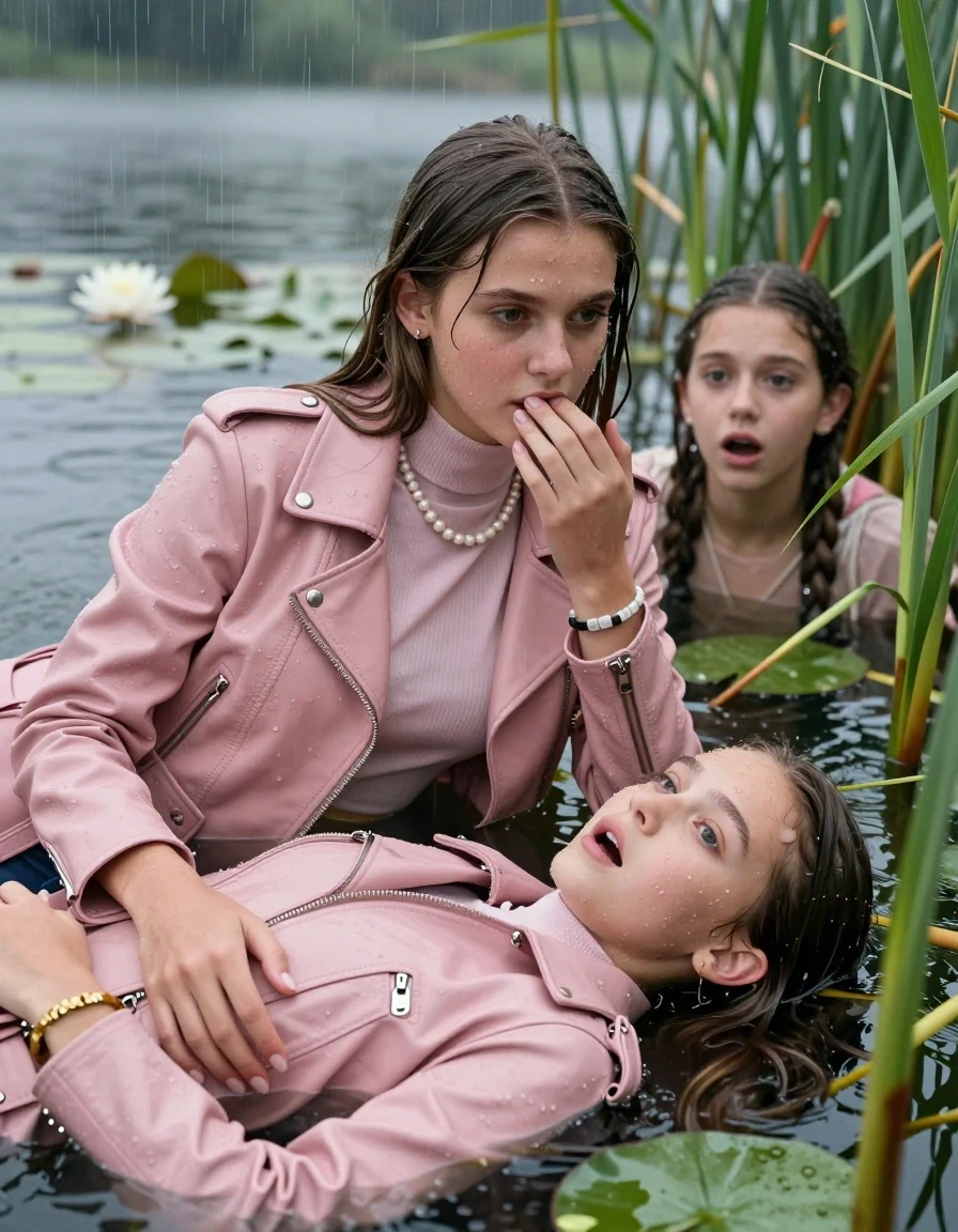photo of young woman, in soaking wet, drenched clothes,
, , Light pink biker leatherjacket, tight turtleneck sweater with wide neckline belly free, handbag, pearl necklace, bracelet, wristwatch , Two 15-years-old teenage girls submerged under surface in a lake with water lilies and reeds, rain , 
enjoying, wet clothes stuck to body,
detailed textures of the wet clothes, wet face, wet plastered hair,
wet, drenched, professional, high-quality details, full body view.
sharp focus, ultra-high pixel detail, realistic, high-quality, full colors, incredibly detailed, 4k, 8k, 16k, hyper-realistic, RAW photo, masterpiece, ultra-detailed, professionally color graded, professional photograph, Sleek long straight hair

15 years old  teenage girl

Laying her breast on the surface.  Looking slightly away. Hold her hand on her mouth. Open mouth, big eyes.

she is completely underwater up to her neck, shocked and surprised expression. 

The girls wear different clothes.

She hides in the reeds.

her submerged clothes are hardly vusible under water, she soaked her handbag into the water

close up view, wet skin, wet clothes, wet hair, damp fabric, water runs down the clothes, wet skin, wet clothes, damp fabric., wet skin, wet clothes, damp fabric, wet skin, wet clothes, damp fabric, wet skin, wet clothes, damp fabric