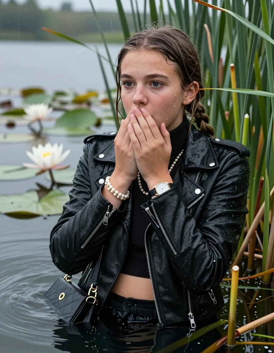 photo of young woman, in soaking wet, drenched clothes,
, , Black biker leatherjacket, tight turtleneck sweater with wide neckline belly free, handbag, pearl necklace, bracelet, wristwatch , Emerging after diving in a lake with water lilies and reeds, rain , 
enjoying, wet clothes stuck to body,
detailed textures of the wet clothes, wet face, wet plastered hair,
wet, drenched, professional, high-quality details, full body view.
sharp focus, ultra-high pixel detail, realistic, high-quality, full colors, incredibly detailed, 4k, 8k, 16k, hyper-realistic, RAW photo, masterpiece, ultra-detailed, professionally color graded, professional photograph, Pigtails

15 years old  teenage girl

Laying her breast on the surface.  Looking slightly away. Hold her hands on her mouth.

she is completely underwater up to her neck, afraid and astonished expression. 

She hides in the reeds and is surprised by spectators

her submerged clothes are hardly vusible under water, she soaked her handbag into the water

close up view, wet skin, wet clothes, wet hair, damp fabric, water runs down the clothes, wet skin, wet clothes, damp fabric., wet skin, wet clothes, damp fabric, wet skin, wet clothes, damp fabric