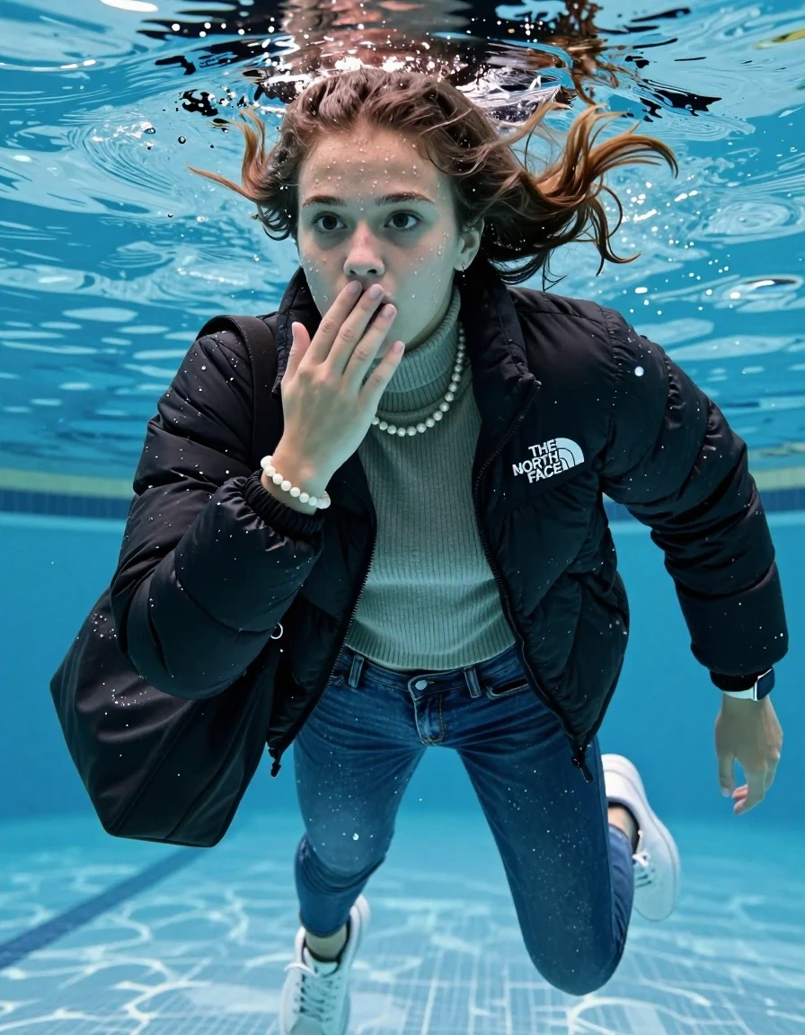 photo of young woman, in soaking wet, drenched clothes,
White sneakers , Completely soaked tight skinny jeans,  North face black puffer down jacket, tight knit turtleneck sweater, shoulderbag, pearl necklace, bracelet, wristwatch , Swimming half submerged underwater in swimming pool , 
enjoying, wet clothes stuck to body,
detailed textures of the wet clothes, wet face, wet plastered hair,
wet, drenched, professional, high-quality details, full body view.
sharp focus, ultra-high pixel detail, realistic, high-quality, full colors, incredibly detailed, 4k, 8k, 16k, hyper-realistic, RAW photo, masterpiece, ultra-detailed, professionally color graded, professional photograph, Sleek ponytail 

15 years old  teenage girl

Hold her hand on her mouth. Looking slightly away. 

she is completely underwater up to her neck, afraid and astonished expression. 

Swimming movements with Arms and legs. Breast swimming.

her submerged clothes are hardly vusible under water, she soaked her handbag into the water

close up view, wet skin, wet clothes, wet hair, damp fabric, water runs down the clothes, wet skin, wet clothes, damp fabric, wet skin, wet clothes, damp fabric, wet skin, wet clothes, damp fabric, wet skin, wet clothes, damp fabric, wet skin, wet clothes, damp fabric, wet skin, wet clothes, damp fabric, wet skin, wet clothes, damp fabric, wet skin, wet clothes, damp fabric, wet skin, wet clothes, damp fabric, wet skin, wet clothes, damp fabric, wet skin, wet clothes, damp fabric, wet skin, wet clothes, damp fabric, wet skin, wet clothes, damp fabric, wet skin, wet clothes, damp fabric, wet skin, wet clothes, damp fabric, wet skin, wet clothes, damp fabric, wet skin, wet clothes, damp fabric, wet skin, wet clothes, damp fabric, wet skin, wet clothes, damp fabric, wet skin, wet clothes, damp fabric