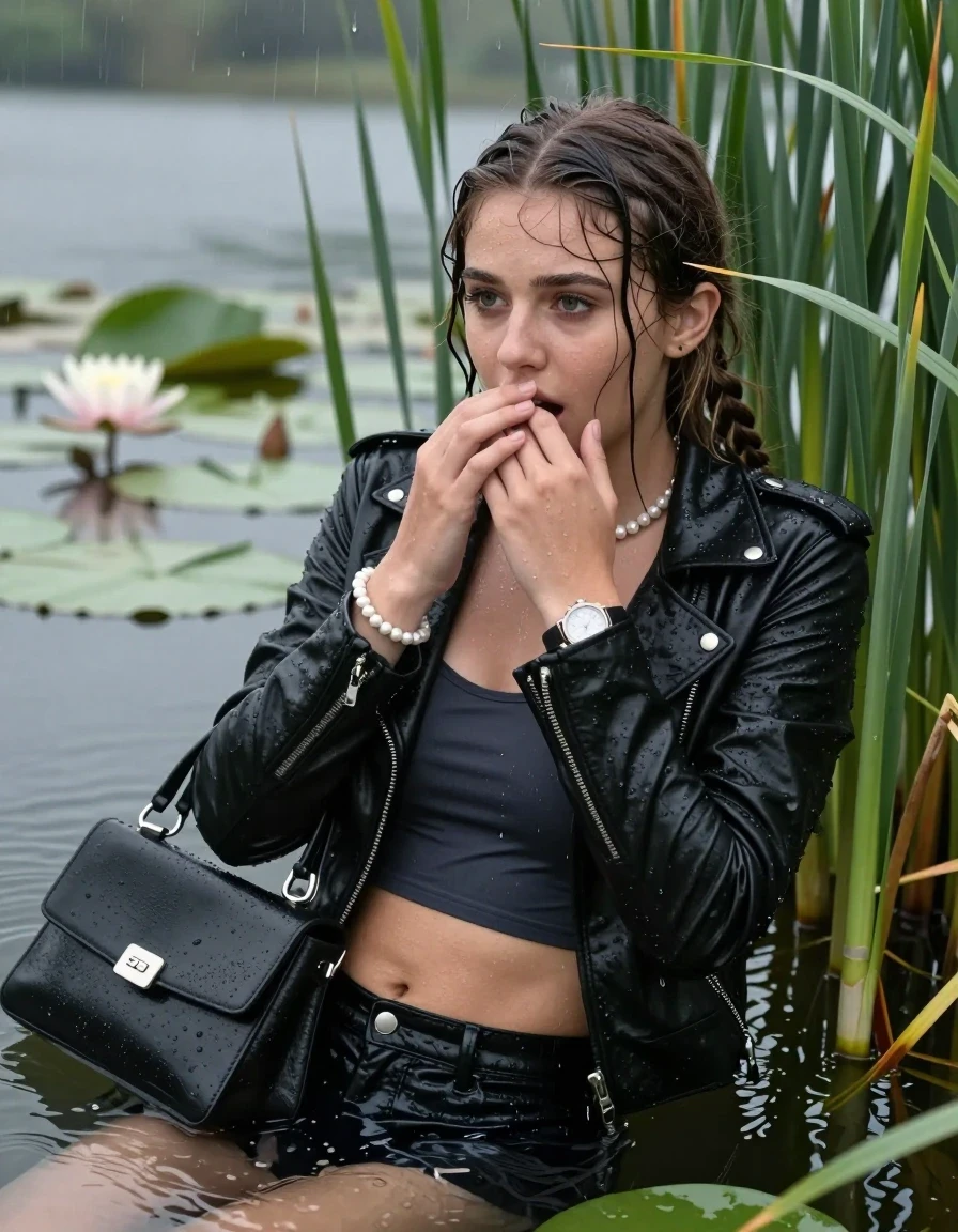 photo of young woman, in soaking wet, drenched clothes,
, , Black biker leatherjacket, tight sexy tshirt with wide neckline belly free, handbag, pearl necklace, bracelet, wristwatch , Emerging after diving in a lake with water lilies and reeds, rain , 
enjoying, wet clothes stuck to body,
detailed textures of the wet clothes, wet face, wet plastered hair,
wet, drenched, professional, high-quality details, full body view.
sharp focus, ultra-high pixel detail, realistic, high-quality, full colors, incredibly detailed, 4k, 8k, 16k, hyper-realistic, RAW photo, masterpiece, ultra-detailed, professionally color graded, professional photograph, Pigtails

15 years old  teenage girl

Laying her breast on the surface.  Looking slightly away. Hold her hands on her mouth.

she is completely underwater up to her neck, afraid and astonished expression. 

She hides in the reeds and is surprised by spectators

her submerged clothes are hardly vusible under water, she soaked her handbag into the water

close up view, wet skin, wet clothes, wet hair, damp fabric, water runs down the clothes, wet skin, wet clothes, damp fabric., wet skin, wet clothes, damp fabric, wet skin, wet clothes, damp fabric