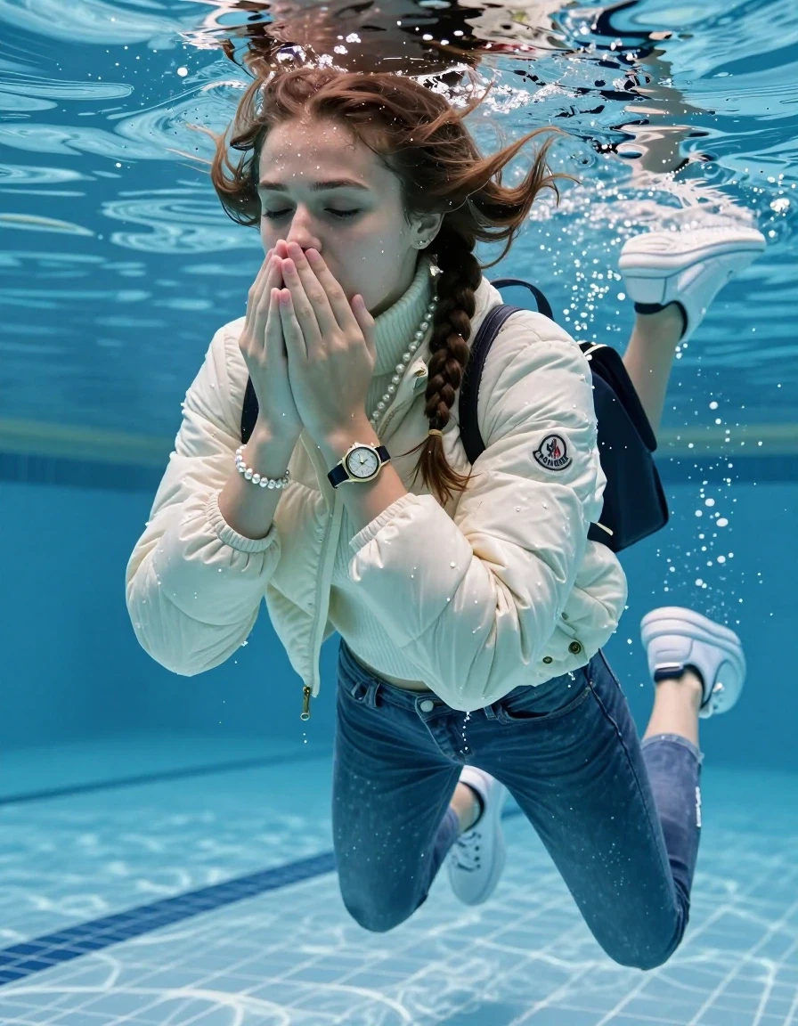 photo of young woman, in soaking wet, drenched clothes,
White sneakers , Completely soaked tight skinny jeans, Moncler shiny puffer down jacket, tight knit turtleneck sweater, shoulderbag, pearl necklace, bracelet, wristwatch , Swimming half submerged underwater in swimming pool , 
enjoying, wet clothes stuck to body,
detailed textures of the wet clothes, wet face, wet plastered hair,
wet, drenched, professional, high-quality details, full body view.
sharp focus, ultra-high pixel detail, realistic, high-quality, full colors, incredibly detailed, 4k, 8k, 16k, hyper-realistic, RAW photo, masterpiece, ultra-detailed, professionally color graded, professional photograph, Two sleek long braids

15 years old  teenage girl

Covers her nose with her fingers. Looking slightly away. Open mouth, closed eyes.

she is completely underwater up to her neck, afraid and astonished expression. 

Swimming movements with Arms and legs. Breast swimming.

her submerged clothes are hardly vusible under water, she soaked her handbag into the water

close up view, wet skin, wet clothes, wet hair, damp fabric, water runs down the clothes, wet skin, wet clothes, damp fabric, wet skin, wet clothes, damp fabric, wet skin, wet clothes, damp fabric, wet skin, wet clothes, damp fabric, wet skin, wet clothes, damp fabric, wet skin, wet clothes, damp fabric, wet skin, wet clothes, damp fabric, wet skin, wet clothes, damp fabric, wet skin, wet clothes, damp fabric, wet skin, wet clothes, damp fabric, wet skin, wet clothes, damp fabric, wet skin, wet clothes, damp fabric, wet skin, wet clothes, damp fabric, wet skin, wet clothes, damp fabric, wet skin, wet clothes, damp fabric, wet skin, wet clothes, damp fabric, wet skin, wet clothes, damp fabric, wet skin, wet clothes, damp fabric, wet skin, wet clothes, damp fabric, wet skin, wet clothes, damp fabric