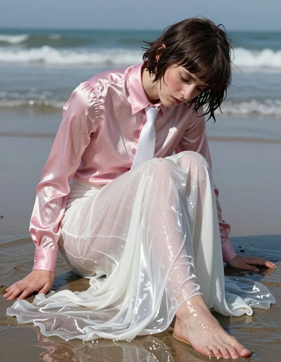 A photorealistic medium shot of a young adult European woman with a distinctive Beatles-style haircut, looking exhausted and nerdy with a collapsing posture on the shore. She is wearing a pink long-sleeved satin blouse with a crisp white necktie; the fabric is heavily saturated with water, clinging to her skin with deep translucent wet patches and high-gloss specular highlights on the folds. She wears a floor-length white silk skirt that is excessively long, dragging in the wet sand, becoming sheer and heavy where it is soaked through by the sea. She is wearing simple sandals on her feet. She is submerged up to her waist in the ocean, with water dripping from her hair and clothes. The lighting is natural daylight reflecting off the wet surfaces, emphasizing the drenched texture of the silk and satin. High-detail photography, sharp focus on her weary expression, realistic water sheen on skin, atmospheric coastal setting, cinematic composition.