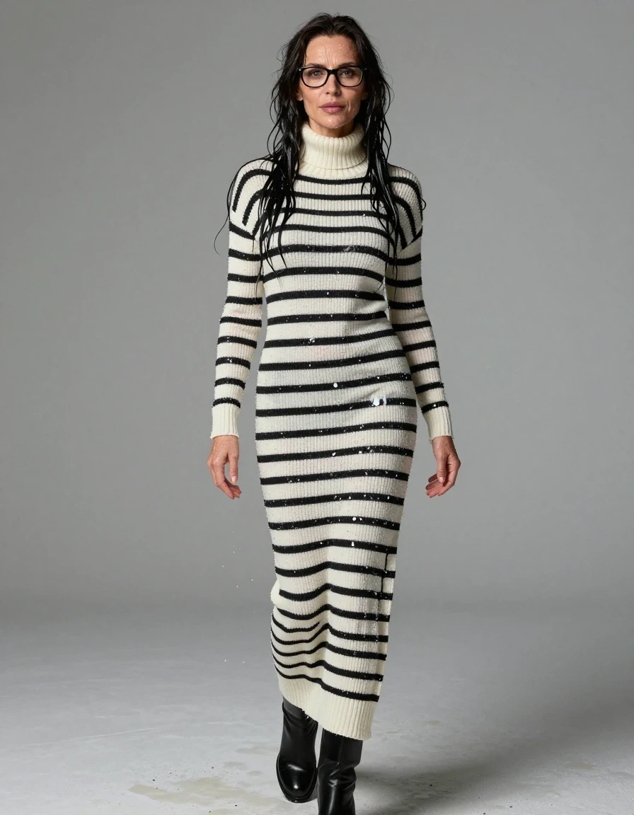 photo of young woman, in soaking wet, drenched clothes,
boots, maxi white & black striped high-neck sweater dress with long sleeves, maxi white & black striped high-neck sweater dress with long sleeves, enjoying wet clothes stuck body, enjoying, wet clothes stuck to body, 
enjoying, wet clothes stuck to body,
detailed textures of the wet clothes, wet face, wet plastered hair,
wet, drenched, professional, high-quality details, full body view.
sharp focus, ultra-high pixel detail, realistic, high-quality, full colors, incredibly detailed, 4k, 8k, 16k, hyper-realistic, RAW photo, masterpiece, ultra-detailed, professionally color graded, professional photograph, europen brunette skinny woman 50 years old, long dark black hair, very big and thick lips,  office glasses, complete body, wet skin, wet clothes, damp fabric, wet skin, wet clothes, damp fabric, wet skin, wet clothes, damp fabric, wet skin, wet clothes, damp fabric, wet skin, wet clothes, damp fabric