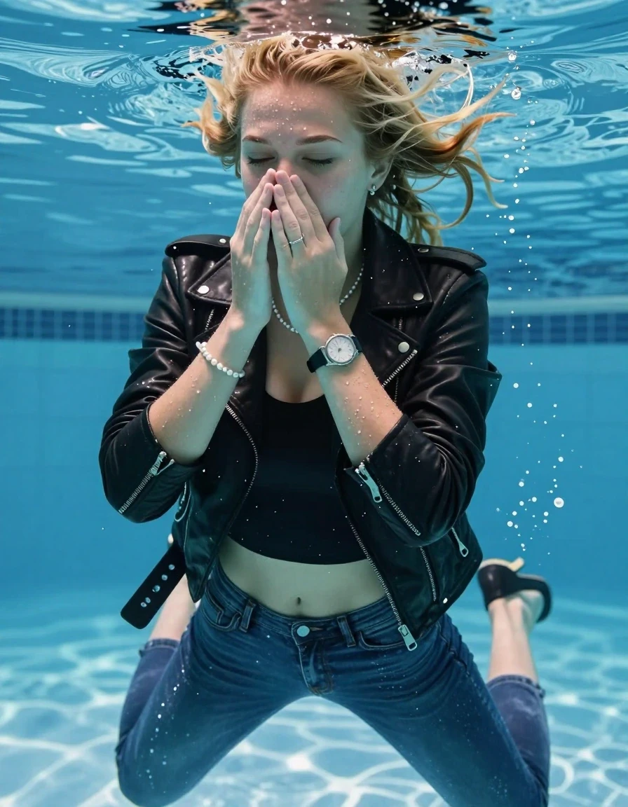 photo of young woman, in soaking wet, drenched clothes,
Heels, Completely soaked tight skinny jeans, Black biker leatherjacket, tight sexy tshirt with wide neckline belly free, shoulderbag, pearl necklace, bracelet, wristwatch , Swimming half submerged underwater in swimming pool , 
enjoying, wet clothes stuck to body,
detailed textures of the wet clothes, wet face, wet plastered hair,
wet, drenched, professional, high-quality details, full body view.
sharp focus, ultra-high pixel detail, realistic, high-quality, full colors, incredibly detailed, 4k, 8k, 16k, hyper-realistic, RAW photo, masterpiece, ultra-detailed, professionally color graded, professional photograph, Blonde braided hair

15 years old  teenage girl

Covers her nose with her hands. Looking slightly away. Open mouth, closed eyes.

she is completely underwater up to her neck, afraid and astonished expression. 

Swimming movements with Arms and legs. Breast swimming.

her submerged clothes are hardly vusible under water, she soaked her handbag into the water

close up view, wet skin, wet clothes, wet hair, damp fabric, water runs down the clothes, wet skin, wet clothes, damp fabric, wet skin, wet clothes, damp fabric, wet skin, wet clothes, damp fabric, wet skin, wet clothes, damp fabric, wet skin, wet clothes, damp fabric, wet skin, wet clothes, damp fabric, wet skin, wet clothes, damp fabric, wet skin, wet clothes, damp fabric, wet skin, wet clothes, damp fabric, wet skin, wet clothes, damp fabric, wet skin, wet clothes, damp fabric, wet skin, wet clothes, damp fabric, wet skin, wet clothes, damp fabric, wet skin, wet clothes, damp fabric, wet skin, wet clothes, damp fabric, wet skin, wet clothes, damp fabric, wet skin, wet clothes, damp fabric, wet skin, wet clothes, damp fabric, wet skin, wet clothes, damp fabric, wet skin, wet clothes, damp fabric