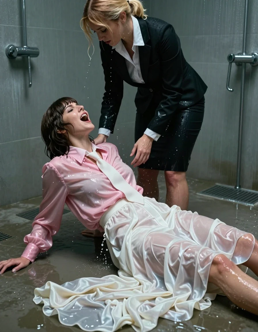 A photorealistic scene in a flooded gym shower with cold, reflective water pooling on the concrete floor. A submissive European woman with a Beatles-style haircut lies prone in the shallow water, wearing an oversized pink long-sleeved satin blouse with a white necktie and an excessively long, floor-length silk white skirt, both garments soaked and clinging to her skin with deep, translucent patches and heavy wet folds. She is captured in the peak of an orgasm, her expression one of intense, breathless release, her skin glistening with a wet sheen and her hair matted against her neck. Standing directly over her is a dominant blonde European female teacher, dressed in a sharp black business jacket, a crisp white shirt, and a floor-length skirt; her clothes are damp and heavy with moisture, clinging to her frame. The environment is humid and industrial, with water droplets splashing off the wet skin and fabric of both subjects. Dramatic, high-contrast overhead lighting catches the sheen on the wet surfaces, highlighting the texture of the saturated silk and satin. Hyper-detailed, 8k resolution, cinematic composition, shallow depth of field, focus on the interaction and the heavy, clinging wet fabric.