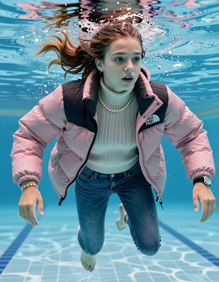 photo of young woman, in soaking wet, drenched clothes,
Boots, Completely soaked tight skinny jeans,  North face pink puffer down jacket, tight knit turtleneck sweater, shoulderbag, pearl necklace, bracelet, wristwatch , Swimming half submerged underwater in swimming pool , 
enjoying, wet clothes stuck to body,
detailed textures of the wet clothes, wet face, wet plastered hair,
wet, drenched, professional, high-quality details, full body view.
sharp focus, ultra-high pixel detail, realistic, high-quality, full colors, incredibly detailed, 4k, 8k, 16k, hyper-realistic, RAW photo, masterpiece, ultra-detailed, professionally color graded, professional photograph, Sleek ponytail 

15 years old  teenage girl

Looking slightly away. 

she is completely underwater up to her neck, afraid and astonished expression. 

Swimming movements with Arms and legs. Breast swimming.

her submerged clothes are hardly vusible under water, she soaked her handbag into the water

close up view, wet skin, wet clothes, wet hair, damp fabric, water runs down the clothes, wet skin, wet clothes, damp fabric, wet skin, wet clothes, damp fabric, wet skin, wet clothes, damp fabric, wet skin, wet clothes, damp fabric, wet skin, wet clothes, damp fabric, wet skin, wet clothes, damp fabric, wet skin, wet clothes, damp fabric, wet skin, wet clothes, damp fabric, wet skin, wet clothes, damp fabric, wet skin, wet clothes, damp fabric, wet skin, wet clothes, damp fabric, wet skin, wet clothes, damp fabric, wet skin, wet clothes, damp fabric, wet skin, wet clothes, damp fabric, wet skin, wet clothes, damp fabric, wet skin, wet clothes, damp fabric, wet skin, wet clothes, damp fabric, wet skin, wet clothes, damp fabric, wet skin, wet clothes, damp fabric, wet skin, wet clothes, damp fabric