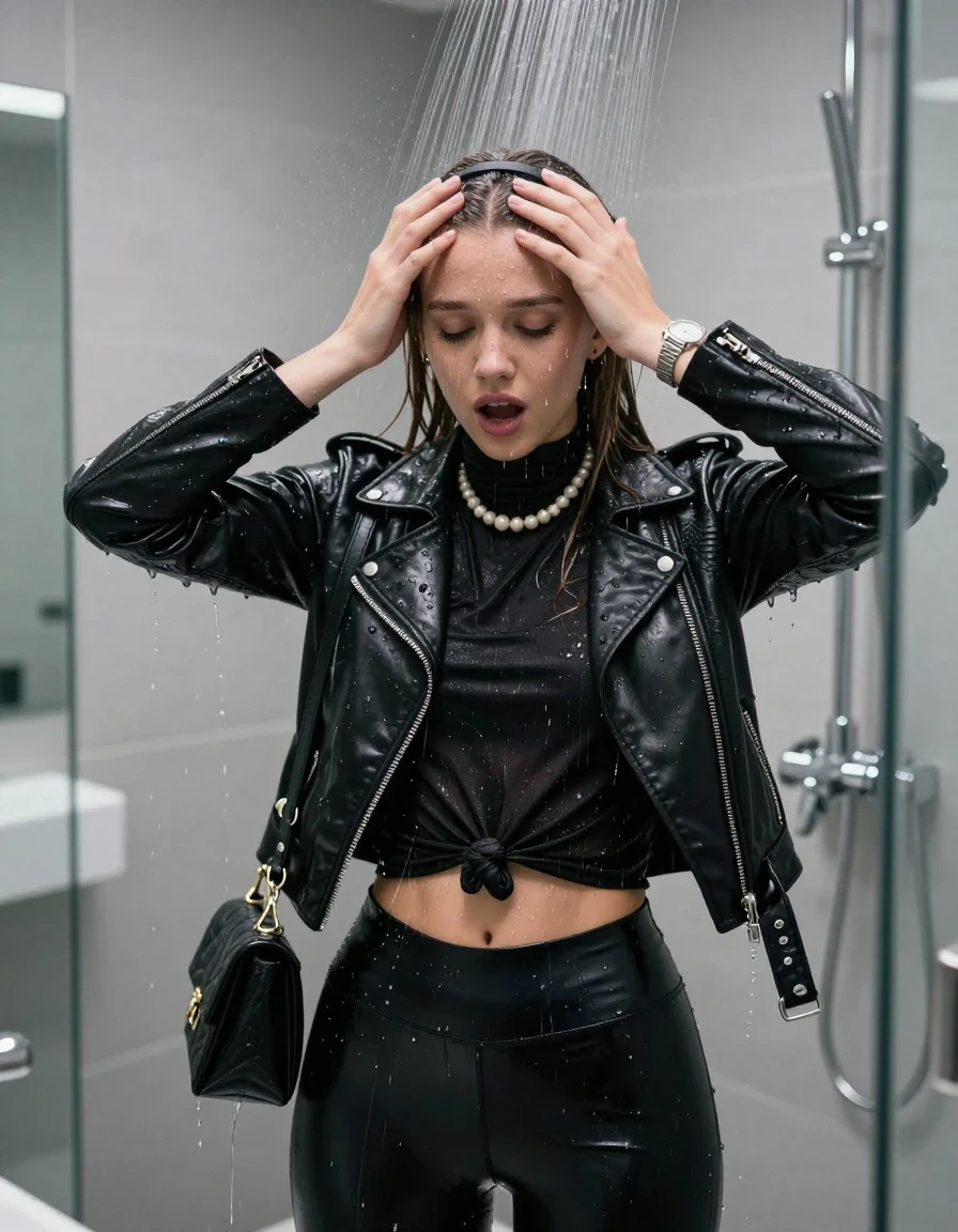 photo of young woman, in soaking wet, drenched clothes,
, Black leatherleggings , Black biker leatherjacket, tight knot turtleneck sweater belly free, handbag, pearl necklace, bracelet, wristwatch , Under the shower, strong jet of water, modern mirrored bathroom, 
enjoying, wet clothes stuck to body,
detailed textures of the wet clothes, wet face, wet plastered hair,
wet, drenched, professional, high-quality details, full body view.
sharp focus, ultra-high pixel detail, realistic, high-quality, full colors, incredibly detailed, 4k, 8k, 16k, hyper-realistic, RAW photo, masterpiece, ultra-detailed, professionally color graded, professional photograph, Sleek long straight hair with hairband

15 years old  teenage girl

Only head and shoulders are over the surface visible. Hold her hands over her forehead. Open mouth, closed eyes. Looking down.

she is completely underwater up to her neck, afraid and astonished expression. 

her submerged clothes are hardly vusible under water, she soaked her handbag into the water

close up view, wet skin, wet clothes, wet hair, damp fabric, water runs down the clothes, wet skin, wet clothes, damp fabric., wet skin, wet clothes, damp fabric, wet skin, wet clothes, damp fabric