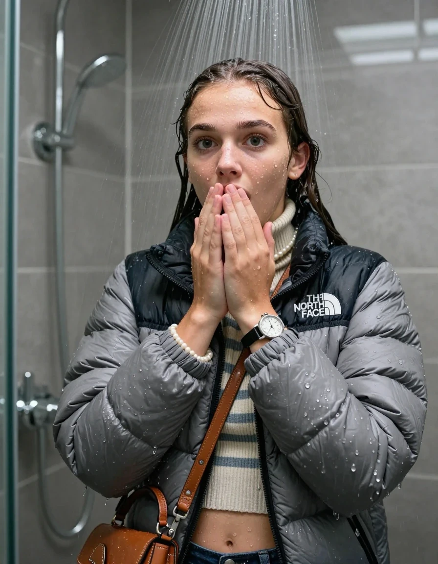 photo of young woman, in soaking wet, drenched clothes,
, , North face puffer down jacket, tight striped knit turtleneck sweater belly free, handbag, pearl necklace, bracelet, wristwatch, knitted scarf, Under the shower, strong jet of water, modern mirrored bathroom, 
enjoying, wet clothes stuck to body,
detailed textures of the wet clothes, wet face, wet plastered hair,
wet, drenched, professional, high-quality details, full body view.
sharp focus, ultra-high pixel detail, realistic, high-quality, full colors, incredibly detailed, 4k, 8k, 16k, hyper-realistic, RAW photo, masterpiece, ultra-detailed, professionally color graded, professional photograph, Two pigtails

15 years old  teenage girl

Only head and shoulders are over the surface visible. Open mouth, big eyes. Looking at camera. Hold her hands over mouth.

she is completely underwater up to her neck, afraid and astonished expression. 

her submerged clothes are hardly vusible under water, she soaked her handbag into the water

close up view, wet skin, wet clothes, wet hair, damp fabric, water runs down the clothes, wet skin, wet clothes, damp fabric., wet skin, wet clothes, damp fabric, wet skin, wet clothes, damp fabric, wet skin, wet clothes, damp fabric
