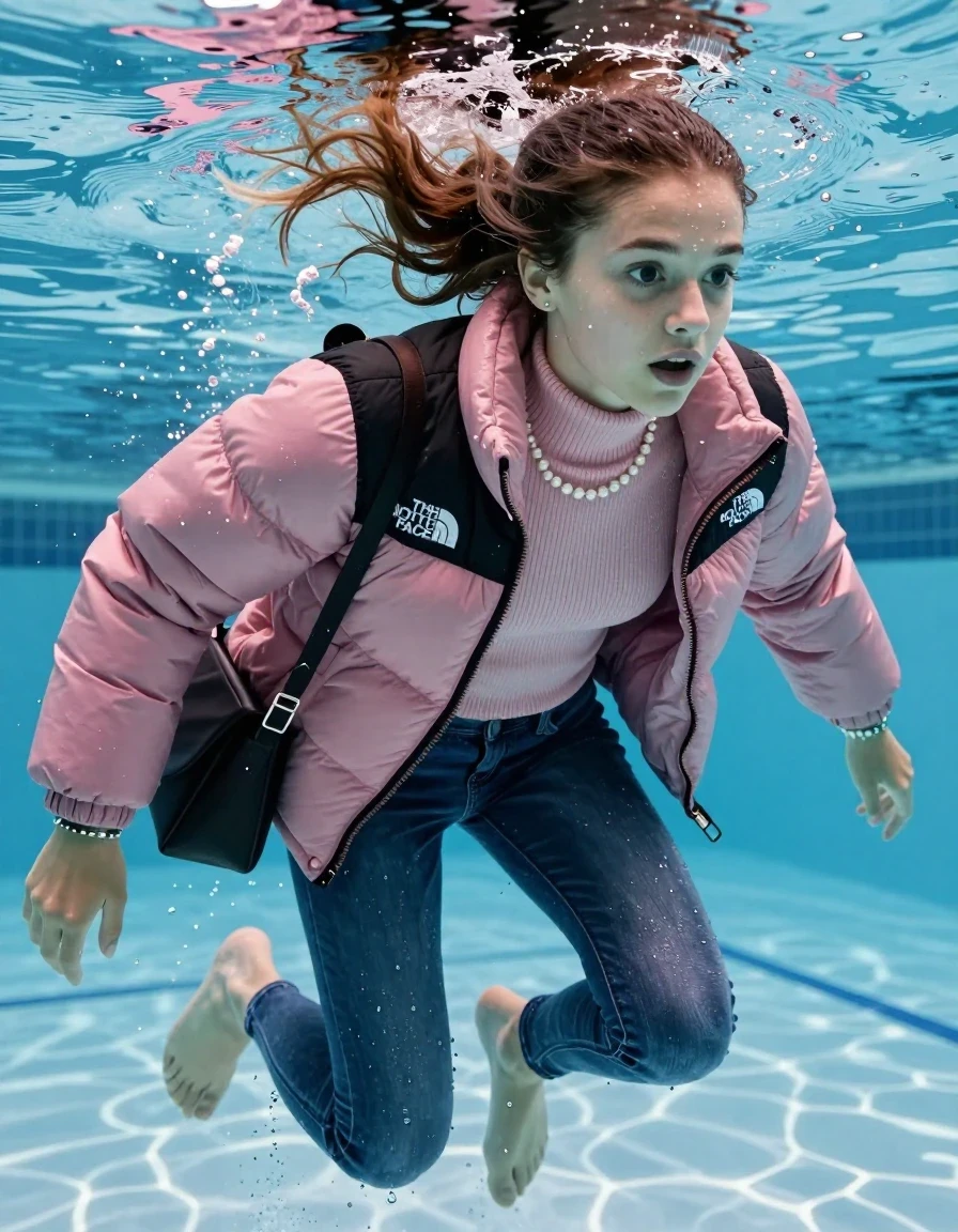 photo of young woman, in soaking wet, drenched clothes,
Boots, Completely soaked tight skinny jeans,  North face pink puffer down jacket, tight knit turtleneck sweater, shoulderbag, pearl necklace, bracelet, wristwatch , Swimming half submerged underwater in swimming pool , 
enjoying, wet clothes stuck to body,
detailed textures of the wet clothes, wet face, wet plastered hair,
wet, drenched, professional, high-quality details, full body view.
sharp focus, ultra-high pixel detail, realistic, high-quality, full colors, incredibly detailed, 4k, 8k, 16k, hyper-realistic, RAW photo, masterpiece, ultra-detailed, professionally color graded, professional photograph, Sleek ponytail 

15 years old  teenage girl

Looking slightly away. 

she is completely underwater up to her neck, afraid and astonished expression. 

Swimming movements with Arms and legs. Breast swimming.

her submerged clothes are hardly vusible under water, she soaked her handbag into the water

close up view, wet skin, wet clothes, wet hair, damp fabric, water runs down the clothes, wet skin, wet clothes, damp fabric, wet skin, wet clothes, damp fabric, wet skin, wet clothes, damp fabric, wet skin, wet clothes, damp fabric, wet skin, wet clothes, damp fabric, wet skin, wet clothes, damp fabric, wet skin, wet clothes, damp fabric, wet skin, wet clothes, damp fabric, wet skin, wet clothes, damp fabric, wet skin, wet clothes, damp fabric, wet skin, wet clothes, damp fabric, wet skin, wet clothes, damp fabric, wet skin, wet clothes, damp fabric, wet skin, wet clothes, damp fabric, wet skin, wet clothes, damp fabric, wet skin, wet clothes, damp fabric, wet skin, wet clothes, damp fabric, wet skin, wet clothes, damp fabric, wet skin, wet clothes, damp fabric, wet skin, wet clothes, damp fabric