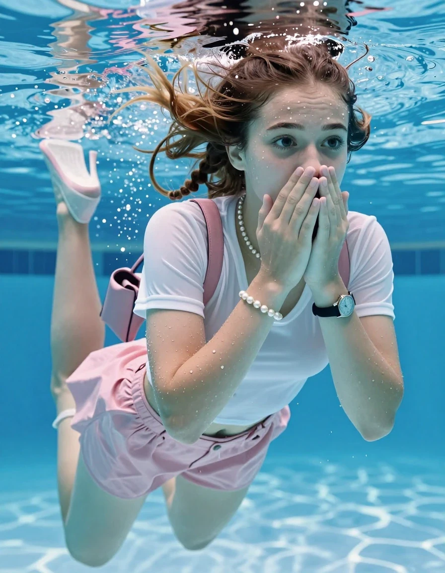 photo of young woman, in soaking wet, drenched clothes,
Heels, White mini , Pink trenchcoat, tight sexy tshirt with wide neckline belly free, shoulderbag, pearl necklace, bracelet, wristwatch , Swimming underwater in swimming pool, only head is visible over surface, 
enjoying, wet clothes stuck to body,
detailed textures of the wet clothes, wet face, wet plastered hair,
wet, drenched, professional, high-quality details, full body view.
sharp focus, ultra-high pixel detail, realistic, high-quality, full colors, incredibly detailed, 4k, 8k, 16k, hyper-realistic, RAW photo, masterpiece, ultra-detailed, professionally color graded, professional photograph, Two sleek long braids

15 years old  teenage girl

Covers her nose with her hands. Looking slightly away. Open mouth, big eyes.

she is completely underwater up to her neck, afraid and astonished expression. 

Swimming movements with Arms and legs. Breast swimming.

her submerged clothes are hardly vusible under water, she soaked her handbag into the water

close up view, wet skin, wet clothes, wet hair, damp fabric, water runs down the clothes, wet skin, wet clothes, damp fabric, wet skin, wet clothes, damp fabric, wet skin, wet clothes, damp fabric, wet skin, wet clothes, damp fabric, wet skin, wet clothes, damp fabric, wet skin, wet clothes, damp fabric, wet skin, wet clothes, damp fabric, wet skin, wet clothes, damp fabric, wet skin, wet clothes, damp fabric, wet skin, wet clothes, damp fabric, wet skin, wet clothes, damp fabric, wet skin, wet clothes, damp fabric, wet skin, wet clothes, damp fabric, wet skin, wet clothes, damp fabric, wet skin, wet clothes, damp fabric, wet skin, wet clothes, damp fabric, wet skin, wet clothes, damp fabric, wet skin, wet clothes, damp fabric, wet skin, wet clothes, damp fabric, wet skin, wet clothes, damp fabric, wet skin, wet clothes, damp fabric, wet skin, wet clothes, damp fabric, wet skin, wet clothes, damp fabric, wet skin, wet clothes, damp fabric