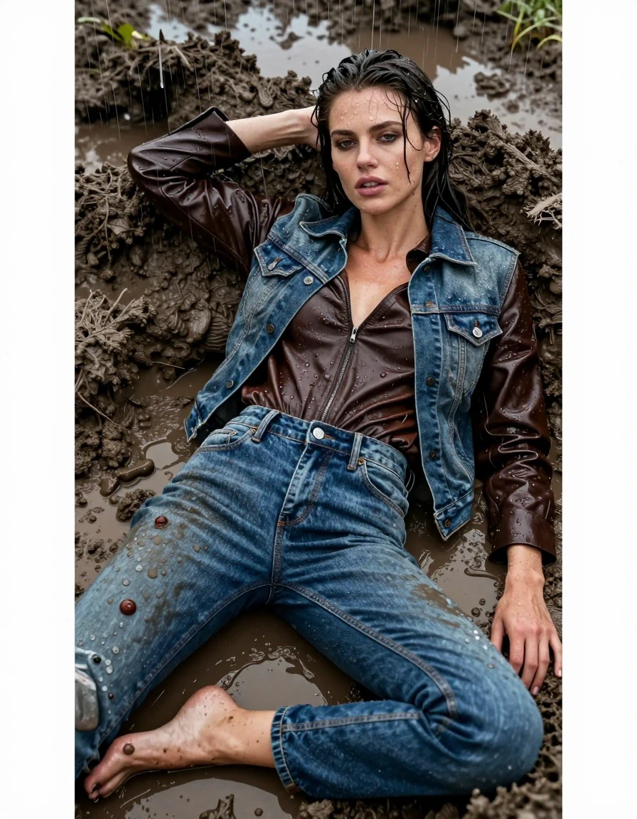 photo of young woman, in soaking wet, drenched clothes,
Jeans leather, Denim jacket leather shirt, Deep Mud pit, 
enjoying, wet clothes stuck to body,
detailed textures of the wet clothes, wet face, wet plastered hair,
wet, drenched, professional, high-quality details, full body view.
sharp focus, ultra-high pixel detail, realistic, high-quality, full colors, incredibly detailed, 4k, 8k, 16k, hyper-realistic, RAW photo, masterpiece, ultra-detailed, professionally color graded, professional photograph, Lying rain, wet skin, wet clothes, damp fabric