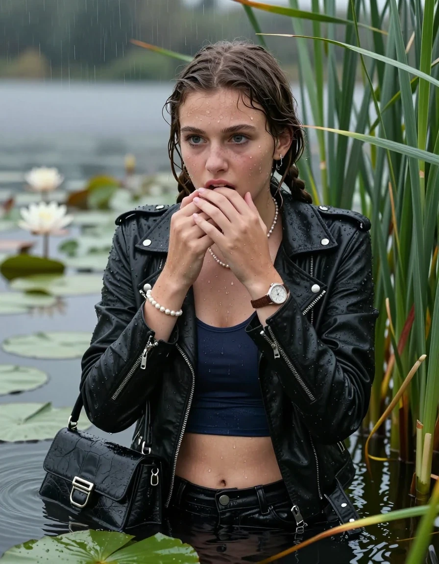 photo of young woman, in soaking wet, drenched clothes,
, , Black biker leatherjacket, tight sexy tshirt with wide neckline belly free, handbag, pearl necklace, bracelet, wristwatch , Emerging after diving in a lake with water lilies and reeds, rain , 
enjoying, wet clothes stuck to body,
detailed textures of the wet clothes, wet face, wet plastered hair,
wet, drenched, professional, high-quality details, full body view.
sharp focus, ultra-high pixel detail, realistic, high-quality, full colors, incredibly detailed, 4k, 8k, 16k, hyper-realistic, RAW photo, masterpiece, ultra-detailed, professionally color graded, professional photograph, Pigtails

15 years old  teenage girl

Laying her breast on the surface.  Looking slightly away. Hold her hands on her mouth.

she is completely underwater up to her neck, afraid and astonished expression. 

She hides in the reeds and is surprised by spectators

her submerged clothes are hardly vusible under water, she soaked her handbag into the water

close up view, wet skin, wet clothes, wet hair, damp fabric, water runs down the clothes, wet skin, wet clothes, damp fabric., wet skin, wet clothes, damp fabric, wet skin, wet clothes, damp fabric