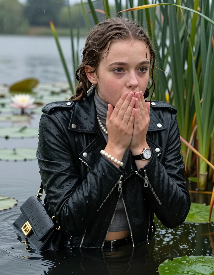 photo of young woman, in soaking wet, drenched clothes,
, , Black biker leatherjacket, tight turtleneck sweater with wide neckline belly free, handbag, pearl necklace, bracelet, wristwatch , Emerging after diving in a lake with water lilies and reeds, rain , 
enjoying, wet clothes stuck to body,
detailed textures of the wet clothes, wet face, wet plastered hair,
wet, drenched, professional, high-quality details, full body view.
sharp focus, ultra-high pixel detail, realistic, high-quality, full colors, incredibly detailed, 4k, 8k, 16k, hyper-realistic, RAW photo, masterpiece, ultra-detailed, professionally color graded, professional photograph, Pigtails

15 years old  teenage girl

Laying her breast on the surface.  Looking slightly away. Hold her hands on her mouth.Open mouth, big eyes.

she is completely underwater up to her neck, afraid and astonished expression. 

She hides in the reeds and is surprised by spectators

her submerged clothes are hardly vusible under water, she soaked her handbag into the water

close up view, wet skin, wet clothes, wet hair, damp fabric, water runs down the clothes, wet skin, wet clothes, damp fabric., wet skin, wet clothes, damp fabric, wet skin, wet clothes, damp fabric