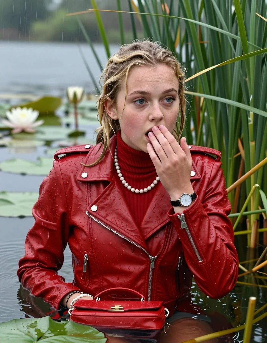 photo of young woman, in soaking wet, drenched clothes,
, , Red biker leatherjacket, tight turtleneck sweater with wide neckline belly free, handbag, pearl necklace, bracelet, wristwatch , Emerging after diving in a lake with water lilies and reeds, rain , 
enjoying, wet clothes stuck to body,
detailed textures of the wet clothes, wet face, wet plastered hair,
wet, drenched, professional, high-quality details, full body view.
sharp focus, ultra-high pixel detail, realistic, high-quality, full colors, incredibly detailed, 4k, 8k, 16k, hyper-realistic, RAW photo, masterpiece, ultra-detailed, professionally color graded, professional photograph, Blonde Pigtails

15 years old  teenage girl

Laying her breast on the surface.  Looking slightly away. Hold her hand on her mouth. Open mouth, big eyes.

she is completely underwater up to her neck, afraid and astonished expression. 

She hides in the reeds and is surprised by spectators

her submerged clothes are hardly vusible under water, she soaked her handbag into the water

close up view, wet skin, wet clothes, wet hair, damp fabric, water runs down the clothes, wet skin, wet clothes, damp fabric., wet skin, wet clothes, damp fabric, wet skin, wet clothes, damp fabric