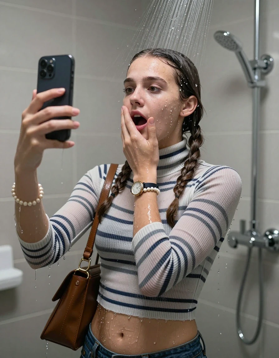 photo of young woman, in soaking wet, drenched clothes,
, ,  tight striped knit turtleneck sweater belly free, handbag, pearl necklace, bracelet, wristwatch, Under the shower, strong jet of water, modern mirrored bathroom, 
enjoying, wet clothes stuck to body,
detailed textures of the wet clothes, wet face, wet plastered hair,
wet, drenched, professional, high-quality details, full body view.
sharp focus, ultra-high pixel detail, realistic, high-quality, full colors, incredibly detailed, 4k, 8k, 16k, hyper-realistic, RAW photo, masterpiece, ultra-detailed, professionally color graded, professional photograph, Two pigtails

15 years old  teenage girl

Only head and shoulders are over the surface visible. Open mouth, half closed eyes. Looking up. Take a Selfie with her smartphone. One Hand over her mouth.

she is completely underwater up to her neck, afraid and astonished expression. 

her submerged clothes are hardly vusible under water, she soaked her handbag into the water

close up view, wet skin, wet clothes, wet hair, damp fabric, water runs down the clothes, wet skin, wet clothes, damp fabric., wet skin, wet clothes, damp fabric, wet skin, wet clothes, damp fabric, wet skin, wet clothes, damp fabric, wet skin, wet clothes, damp fabric