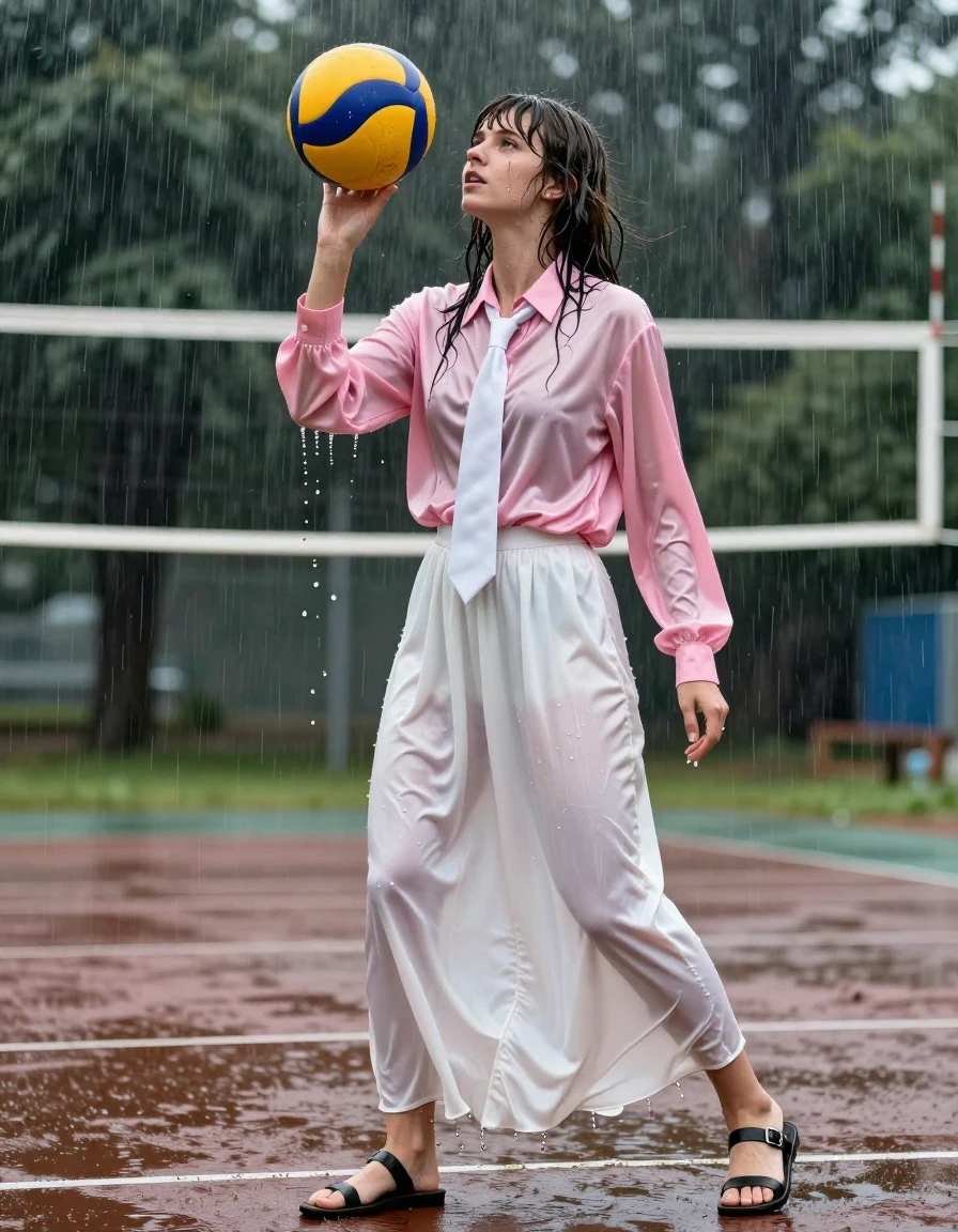 photo of young woman, in soaking wet, drenched clothes,
sandals, too long floor-length long silk white skirt, Beatles haired woman: oversized pink long-sleeved satin blouse with white necktie, schoolyard during a storm, 
enjoying, wet clothes stuck to body,
detailed textures of the wet clothes, wet face, wet plastered hair,
wet, drenched, professional, high-quality details, full body view.
sharp focus, ultra-high pixel detail, realistic, high-quality, full colors, incredibly detailed, 4k, 8k, 16k, hyper-realistic, RAW photo, masterpiece, ultra-detailed, professionally color graded, professional photograph, playing volleyball, wet skin, wet clothes, damp fabric