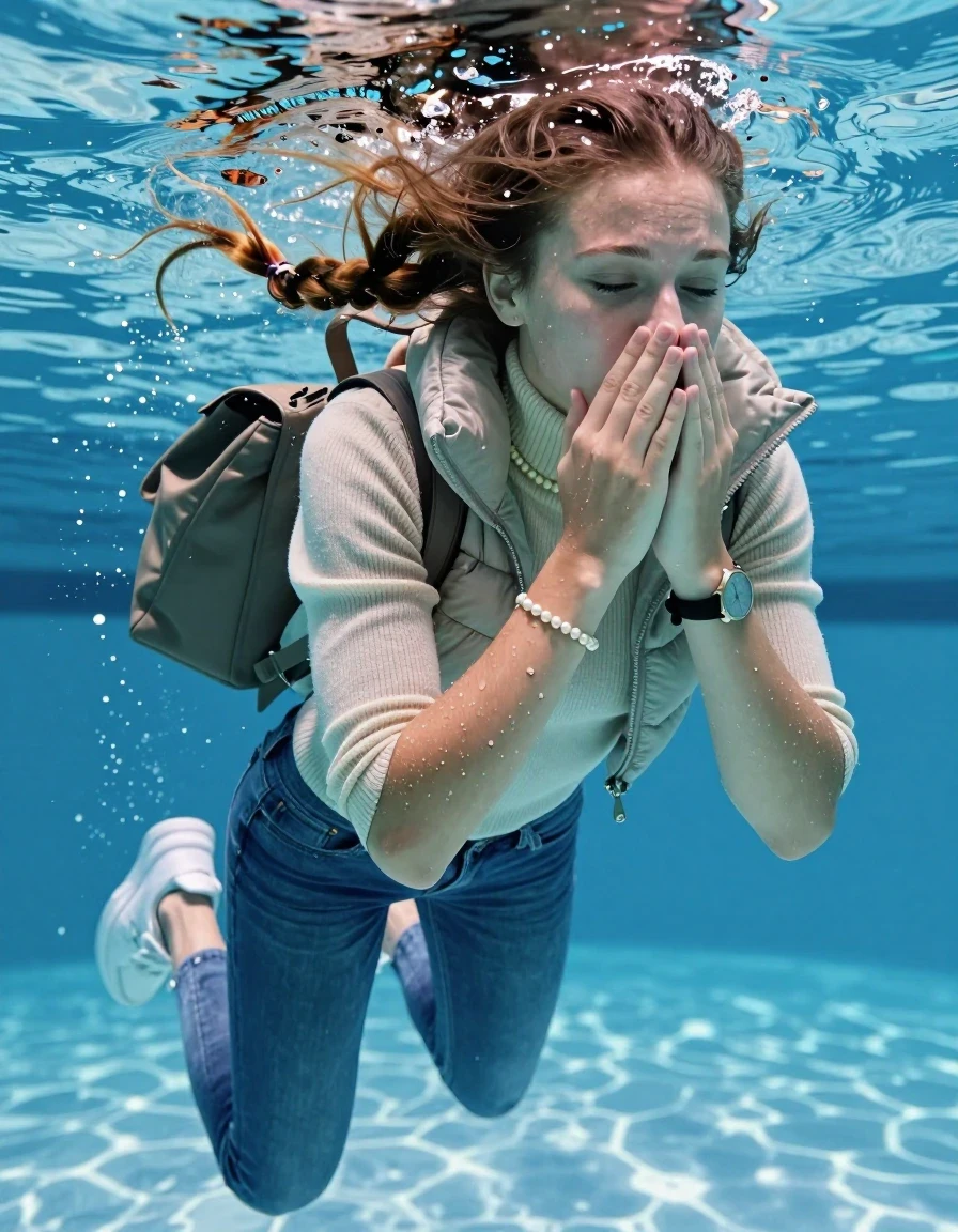 photo of young woman, in soaking wet, drenched clothes,
White sneakers , Completely soaked tight skinny jeans, Moncler shiny puffer down jacket, tight knit turtleneck sweater, shoulderbag, pearl necklace, bracelet, wristwatch , Swimming half submerged underwater in swimming pool , 
enjoying, wet clothes stuck to body,
detailed textures of the wet clothes, wet face, wet plastered hair,
wet, drenched, professional, high-quality details, full body view.
sharp focus, ultra-high pixel detail, realistic, high-quality, full colors, incredibly detailed, 4k, 8k, 16k, hyper-realistic, RAW photo, masterpiece, ultra-detailed, professionally color graded, professional photograph, Two sleek long braids

15 years old  teenage girl

Covers her nose with her fingers. Looking slightly away. Open mouth, closed eyes.

she is completely underwater up to her neck, afraid and astonished expression. 

Swimming movements with Arms and legs. Breast swimming.

her submerged clothes are hardly vusible under water, she soaked her handbag into the water

close up view, wet skin, wet clothes, wet hair, damp fabric, water runs down the clothes, wet skin, wet clothes, damp fabric, wet skin, wet clothes, damp fabric, wet skin, wet clothes, damp fabric, wet skin, wet clothes, damp fabric, wet skin, wet clothes, damp fabric, wet skin, wet clothes, damp fabric, wet skin, wet clothes, damp fabric, wet skin, wet clothes, damp fabric, wet skin, wet clothes, damp fabric, wet skin, wet clothes, damp fabric, wet skin, wet clothes, damp fabric, wet skin, wet clothes, damp fabric, wet skin, wet clothes, damp fabric, wet skin, wet clothes, damp fabric, wet skin, wet clothes, damp fabric, wet skin, wet clothes, damp fabric, wet skin, wet clothes, damp fabric, wet skin, wet clothes, damp fabric, wet skin, wet clothes, damp fabric, wet skin, wet clothes, damp fabric