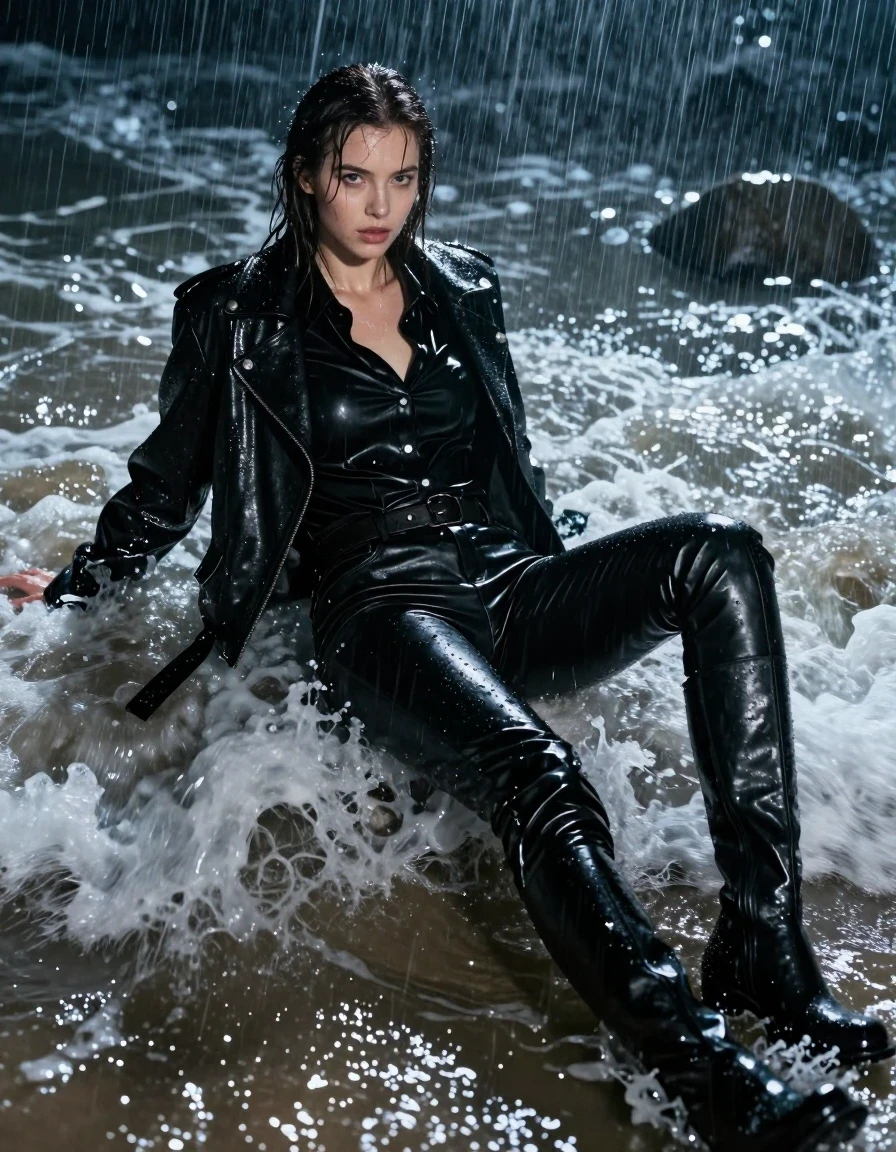 A photorealistic full-body shot of a young European woman with wet, rain-slicked hair and skin, lying amidst the crashing tide at a beach during a torrential rainstorm at night. She is wearing an oversize black vinyl button-up shirt, layered under a heavy black leather jacket, paired with tight black leather long pants and knee-length black leather boots. The clothing is drenched, showing realistic heavy folds, water-saturated textures, and intense glossy specular reflections from the rain and ocean spray. The scene is captured in high-detail cinematic photography, emphasizing the interplay of cool ambient moonlight and the dark, wet environment. The subject maintains a dynamic, natural pose, with water clinging to the fabric and skin, creating a high-contrast, sharp, and realistic look, avoiding any studio lighting, static poses, or dry elements.
