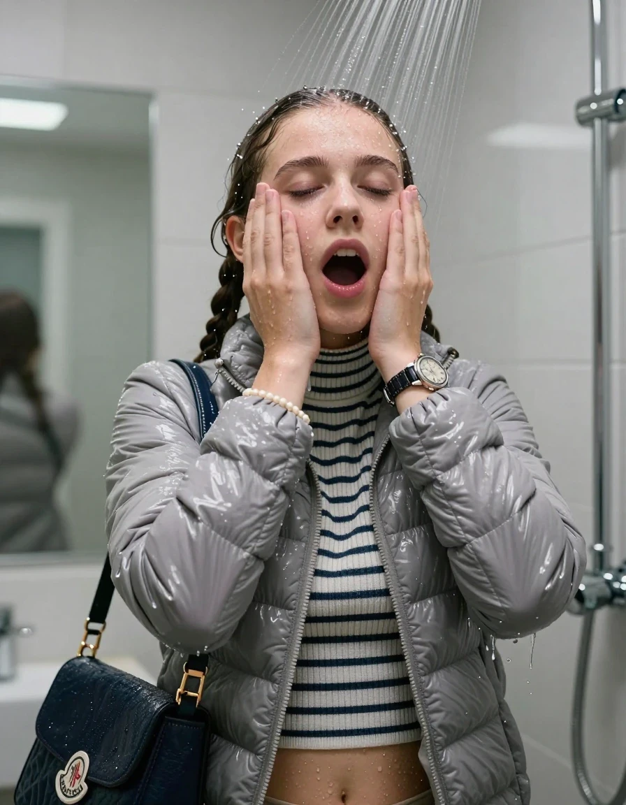 photo of young woman, in soaking wet, drenched clothes,
, , Moncler puffer down jacket, tight striped knit turtleneck sweater belly free, handbag, pearl necklace, bracelet, wristwatch, Under the shower, strong jet of water, modern mirrored bathroom, 
enjoying, wet clothes stuck to body,
detailed textures of the wet clothes, wet face, wet plastered hair,
wet, drenched, professional, high-quality details, full body view.
sharp focus, ultra-high pixel detail, realistic, high-quality, full colors, incredibly detailed, 4k, 8k, 16k, hyper-realistic, RAW photo, masterpiece, ultra-detailed, professionally color graded, professional photograph, Two pigtails

15 years old  teenage girl

Only head and shoulders are over the surface visible. Open mouth, closed eyes. Looking up. Hold her hands over her face.

she is completely underwater up to her neck, afraid and astonished expression. 

her submerged clothes are hardly vusible under water, she soaked her handbag into the water

close up view, wet skin, wet clothes, wet hair, damp fabric, water runs down the clothes, wet skin, wet clothes, damp fabric., wet skin, wet clothes, damp fabric, wet skin, wet clothes, damp fabric, wet skin, wet clothes, damp fabric