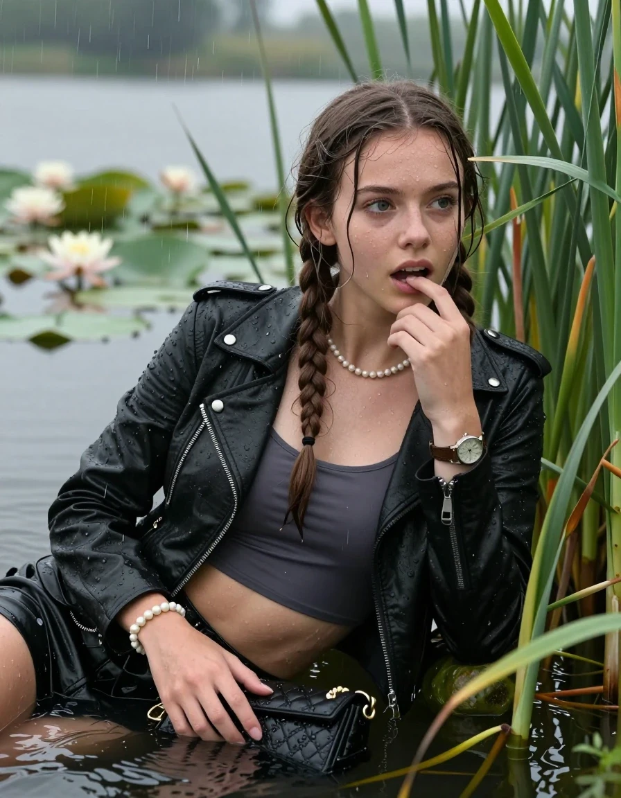 photo of young woman, in soaking wet, drenched clothes,
, , Black biker leatherjacket, tight sexy tshirt with wide neckline belly free, handbag, pearl necklace, bracelet, wristwatch , Emerging after diving in a lake with water lilies and reeds, rain , 
enjoying, wet clothes stuck to body,
detailed textures of the wet clothes, wet face, wet plastered hair,
wet, drenched, professional, high-quality details, full body view.
sharp focus, ultra-high pixel detail, realistic, high-quality, full colors, incredibly detailed, 4k, 8k, 16k, hyper-realistic, RAW photo, masterpiece, ultra-detailed, professionally color graded, professional photograph, Two long braids

15 years old  teenage girl

Laying her breast on the surface.  Looking slightly away. Puts a finger in the mouth.

she is completely underwater up to her neck, afraid and astonished expression. 

She hides in the reeds and is surprised by spectators

her submerged clothes are hardly vusible under water, she soaked her handbag into the water

close up view, wet skin, wet clothes, wet hair, damp fabric, water runs down the clothes, wet skin, wet clothes., wet skin, wet clothes, damp fabric