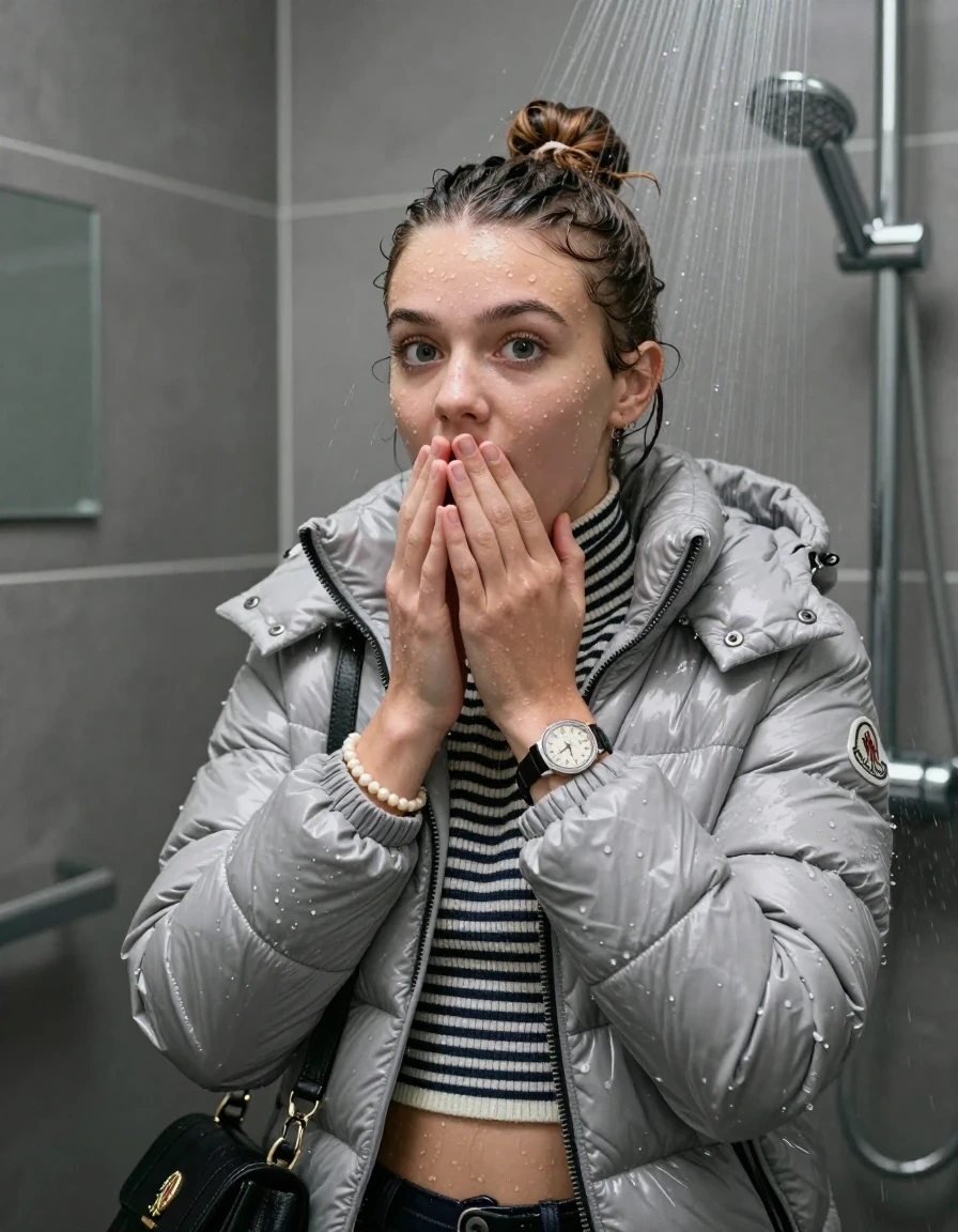photo of young woman, in soaking wet, drenched clothes,
, , Moncler shiny puffer down jacket, tight striped knit turtleneck sweater belly free, handbag, pearl necklace, bracelet, wristwatch , Under the shower, strong jet of water, modern mirrored bathroom, 
enjoying, wet clothes stuck to body,
detailed textures of the wet clothes, wet face, wet plastered hair,
wet, drenched, professional, high-quality details, full body view.
sharp focus, ultra-high pixel detail, realistic, high-quality, full colors, incredibly detailed, 4k, 8k, 16k, hyper-realistic, RAW photo, masterpiece, ultra-detailed, professionally color graded, professional photograph, Topknot

15 years old  teenage girl

Only head and shoulders are over the surface visible. Open mouth, big eyes. Looking at camera. Hold her hands over mouth.

she is completely underwater up to her neck, afraid and astonished expression. 

her submerged clothes are hardly vusible under water, she soaked her handbag into the water

close up view, wet skin, wet clothes, wet hair, damp fabric, water runs down the clothes, wet skin, wet clothes, damp fabric., wet skin, wet clothes, damp fabric, wet skin, wet clothes, damp fabric, wet skin, wet clothes, damp fabric
