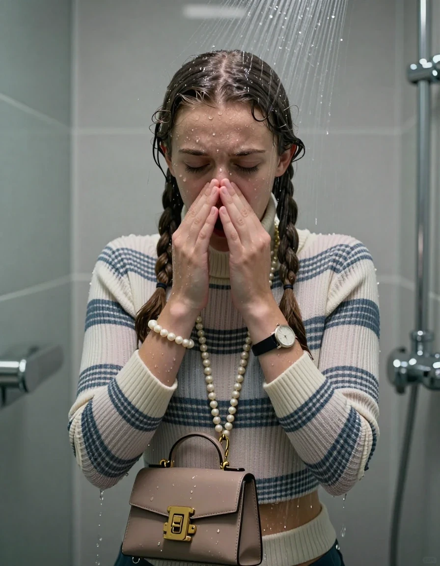 photo of young woman, in soaking wet, drenched clothes,
, ,  tight striped knit turtleneck sweater belly free, handbag, pearl necklace, bracelet, wristwatch, Under the shower, strong jet of water, modern mirrored bathroom, 
enjoying, wet clothes stuck to body,
detailed textures of the wet clothes, wet face, wet plastered hair,
wet, drenched, professional, high-quality details, full body view.
sharp focus, ultra-high pixel detail, realistic, high-quality, full colors, incredibly detailed, 4k, 8k, 16k, hyper-realistic, RAW photo, masterpiece, ultra-detailed, professionally color graded, professional photograph, Two pigtails

15 years old  teenage girl

Only head and shoulders are over the surface visible. Open mouth, closed eyes. Looking down. Hold her hands on her nose.

she is completely underwater up to her neck, afraid and astonished expression. 

her submerged clothes are hardly vusible under water, she soaked her handbag into the water

close up view, wet skin, wet clothes, wet hair, damp fabric, water runs down the clothes, wet skin, wet clothes, damp fabric., wet skin, wet clothes, damp fabric, wet skin, wet clothes, damp fabric, wet skin, wet clothes, damp fabric, wet skin, wet clothes, damp fabric