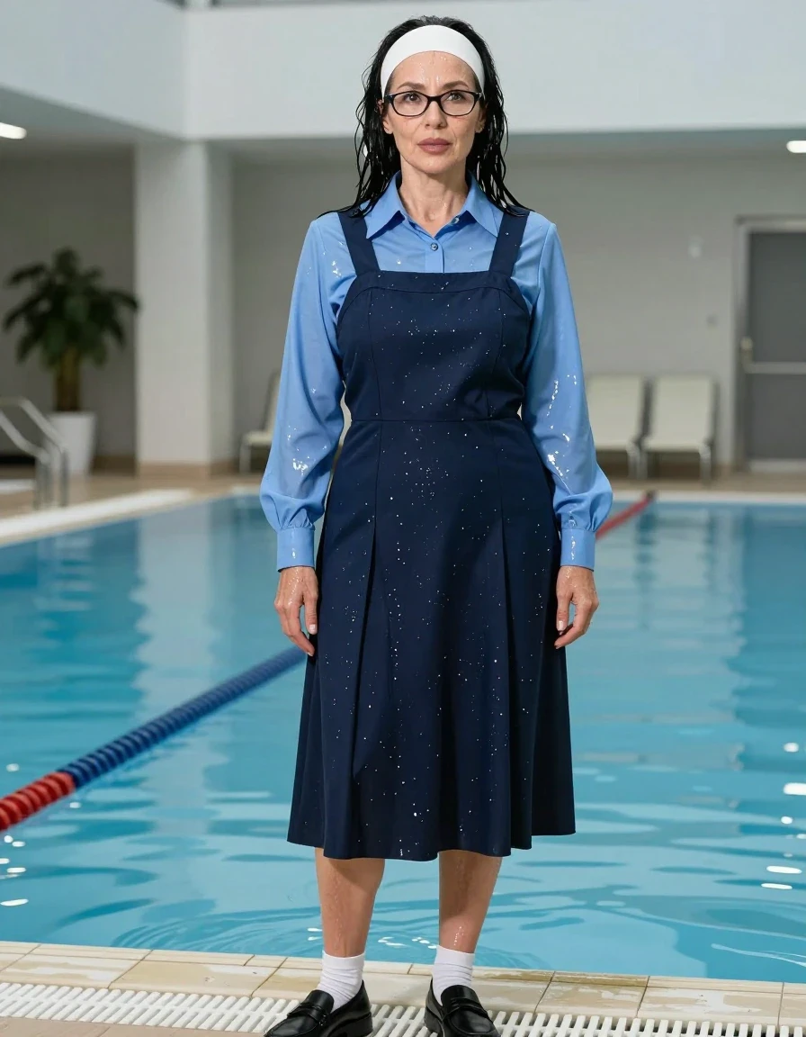 photo of young woman, in soaking wet, drenched clothes,
black shoes, white socks, school uniform with maxi tight dark blue school pinafore and blue shirt with long sleeves, school uniform with maxi tight dark blue school pinafore and blue shirt with long sleeves, after bath, indoor swimming pool, enjoying wet clothes stuck body, enjoying, wet clothes stuck to body, 
enjoying, wet clothes stuck to body,
detailed textures of the wet clothes, wet face, wet plastered hair,
wet, drenched, professional, high-quality details, full body view.
sharp focus, ultra-high pixel detail, realistic, high-quality, full colors, incredibly detailed, 4k, 8k, 16k, hyper-realistic, RAW photo, masterpiece, ultra-detailed, professionally color graded, professional photograph, europen brunette skinny woman 50 years old, long dark black hair, very big and thick lips,  office glasses, white headband, complete body, wet skin, wet clothes, damp fabric, wet skin, wet clothes, damp fabric, wet skin, wet clothes, damp fabric, wet skin, wet clothes, damp fabric, wet skin, wet clothes, damp fabric