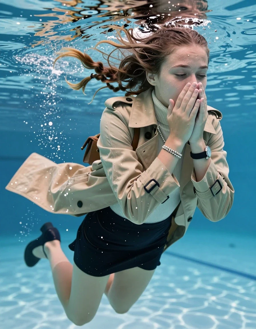 photo of young woman, in soaking wet, drenched clothes,
Heels, Black mini skirt, Beige Winter trenchcoat, tight knit turtleneck sweater belly free, shoulderbag, pearl necklace, bracelet, wristwatch , Swimming half submerged underwater in swimming pool , 
enjoying, wet clothes stuck to body,
detailed textures of the wet clothes, wet face, wet plastered hair,
wet, drenched, professional, high-quality details, full body view.
sharp focus, ultra-high pixel detail, realistic, high-quality, full colors, incredibly detailed, 4k, 8k, 16k, hyper-realistic, RAW photo, masterpiece, ultra-detailed, professionally color graded, professional photograph, Two sleek long braids

15 years old  teenage girl

Covers her nose with her hands. Looking slightly away. Open mouth, closed  eyes.

she is completely underwater up to her neck, afraid and astonished expression. 

Swimming movements with Arms and legs. Breast swimming.

her submerged clothes are hardly vusible under water, she soaked her handbag into the water

close up view, wet skin, wet clothes, wet hair, damp fabric, water runs down the clothes, wet skin, wet clothes, damp fabric, wet skin, wet clothes, damp fabric, wet skin, wet clothes, damp fabric, wet skin, wet clothes, damp fabric, wet skin, wet clothes, damp fabric, wet skin, wet clothes, damp fabric, wet skin, wet clothes, damp fabric, wet skin, wet clothes, damp fabric, wet skin, wet clothes, damp fabric, wet skin, wet clothes, damp fabric, wet skin, wet clothes, damp fabric, wet skin, wet clothes, damp fabric, wet skin, wet clothes, damp fabric, wet skin, wet clothes, damp fabric, wet skin, wet clothes, damp fabric, wet skin, wet clothes, damp fabric, wet skin, wet clothes, damp fabric, wet skin, wet clothes, damp fabric, wet skin, wet clothes, damp fabric, wet skin, wet clothes, damp fabric, wet skin, wet clothes, damp fabric, wet skin, wet clothes, damp fabric