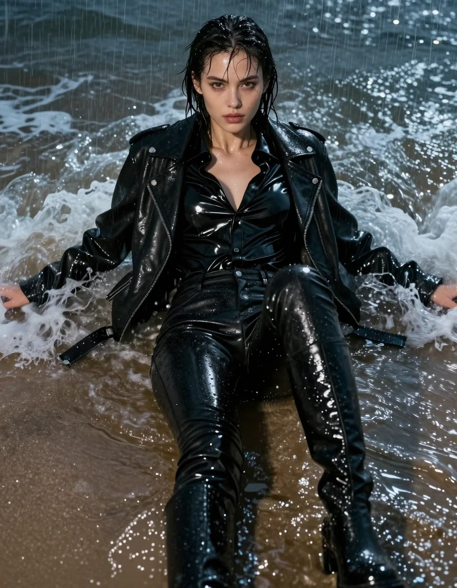 A stunning young adult European woman lying in the shallow surf of a beach at night during a heavy rainstorm, completely drenched. She is wearing an oversize black vinyl button-up shirt with a high-gloss, reflective wet sheen, layered under a heavy black leather jacket that is saturated with rainwater, clinging to her frame with visible water runoff. She wears black leather jeans that are soaking-wet, heavy with water, exhibiting deep black tones with intense specular highlights on the creases and seams, and knee-length black leather boots caked in wet sand and glistening with water. Her skin and hair are plastered with rain, reflecting the moonlight and subtle ambient light. The scene is captured in a cinematic, photorealistic style with sharp focus on the textures of the wet fabrics and the splashing waves around her. High-resolution photographic quality, 8k, detailed skin pores, realistic water physics, dynamic movement, crisp lighting, professional camera work.