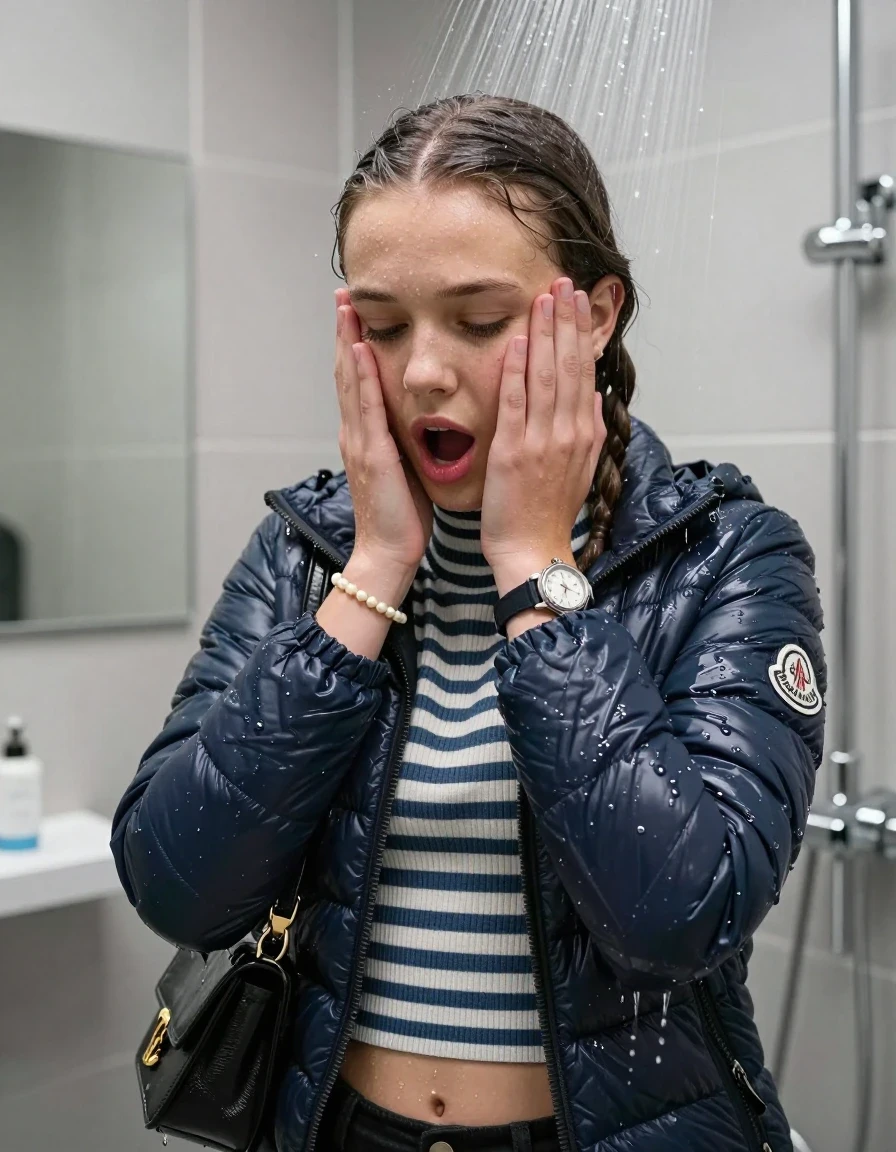 photo of young woman, in soaking wet, drenched clothes,
, , Moncler puffer down jacket, tight striped knit turtleneck sweater belly free, handbag, pearl necklace, bracelet, wristwatch, Under the shower, strong jet of water, modern mirrored bathroom, 
enjoying, wet clothes stuck to body,
detailed textures of the wet clothes, wet face, wet plastered hair,
wet, drenched, professional, high-quality details, full body view.
sharp focus, ultra-high pixel detail, realistic, high-quality, full colors, incredibly detailed, 4k, 8k, 16k, hyper-realistic, RAW photo, masterpiece, ultra-detailed, professionally color graded, professional photograph, Two pigtails

15 years old  teenage girl

Only head and shoulders are over the surface visible. Open mouth, closed eyes. Looking down. Hold her hands over her face.

she is completely underwater up to her neck, afraid and astonished expression. 

her submerged clothes are hardly vusible under water, she soaked her handbag into the water

close up view, wet skin, wet clothes, wet hair, damp fabric, water runs down the clothes, wet skin, wet clothes, damp fabric., wet skin, wet clothes, damp fabric, wet skin, wet clothes, damp fabric, wet skin, wet clothes, damp fabric