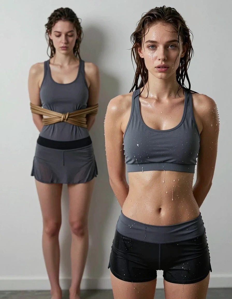 photo of young woman, in soaking wet, drenched clothes,
, workout clothes, Workout clothes , , 
enjoying, wet clothes stuck to body,
detailed textures of the wet clothes, wet face, wet plastered hair,
wet, drenched, professional, high-quality details, full body view.
sharp focus, ultra-high pixel detail, realistic, high-quality, full colors, incredibly detailed, 4k, 8k, 16k, hyper-realistic, RAW photo, masterpiece, ultra-detailed, professionally color graded, professional photograph, A photorealistic front shot inside a dimly lit, upscaled kink.com studio .In the foreground, a young adult European woman ties the secondary model wearing casual workout clothes. Her skin and hair are glistening with a realistic wet sheen, with her hair clinging to her face and shoulders. In the background, a second woman is being tied by the European model in a submissive position, completely hogtied on the wall facing the European model, wearing a dress. The scene features authentic textures of soaked fabric and wet skin, avoiding any plastic, vinyl, or dripping water effects. The lighting is bright, reflecting off the wet surfaces of the clothing and skin. The composition is realistic, focusing on the contrast between the two subjects, captured with 8k resolution, sharp focus, and a shallow depth of field., wet skin, wet clothes, damp fabric, wet skin, wet clothes, damp fabric