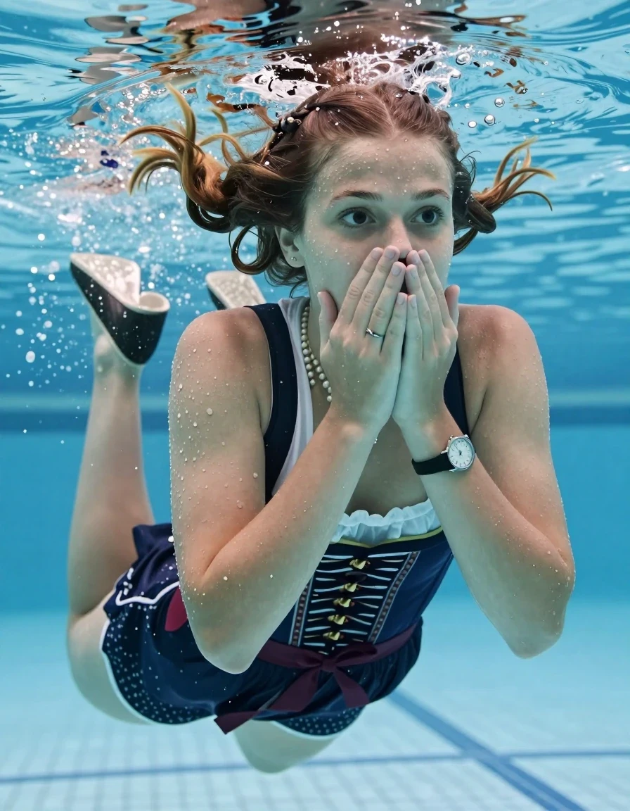 photo of young woman, in soaking wet, drenched clothes,
Heels, , Short Dirndl, Shoulderbag, pearl necklace, bracelet, wristwatch , Swimming half submerged underwater in swimming pool , 
enjoying, wet clothes stuck to body,
detailed textures of the wet clothes, wet face, wet plastered hair,
wet, drenched, professional, high-quality details, full body view.
sharp focus, ultra-high pixel detail, realistic, high-quality, full colors, incredibly detailed, 4k, 8k, 16k, hyper-realistic, RAW photo, masterpiece, ultra-detailed, professionally color graded, professional photograph, Two sleek long braids

15 years old  teenage girl

Covers her nose with her hands. Looking slightly away. Open mouth, big eyes.

she is completely underwater up to her neck, afraid and astonished expression. 

Swimming movements with Arms and legs. Breast swimming.

her submerged clothes are hardly vusible under water, she soaked her handbag into the water

close up view, wet skin, wet clothes, wet hair, damp fabric, water runs down the clothes, wet skin, wet clothes, damp fabric, wet skin, wet clothes, damp fabric, wet skin, wet clothes, damp fabric, wet skin, wet clothes, damp fabric, wet skin, wet clothes, damp fabric, wet skin, wet clothes, damp fabric, wet skin, wet clothes, damp fabric, wet skin, wet clothes, damp fabric, wet skin, wet clothes, damp fabric, wet skin, wet clothes, damp fabric, wet skin, wet clothes, damp fabric, wet skin, wet clothes, damp fabric, wet skin, wet clothes, damp fabric, wet skin, wet clothes, damp fabric, wet skin, wet clothes, damp fabric, wet skin, wet clothes, damp fabric, wet skin, wet clothes, damp fabric, wet skin, wet clothes, damp fabric, wet skin, wet clothes, damp fabric, wet skin, wet clothes, damp fabric, wet skin, wet clothes, damp fabric, wet skin, wet clothes, damp fabric, wet skin, wet clothes, damp fabric, wet skin, wet clothes, damp fabric