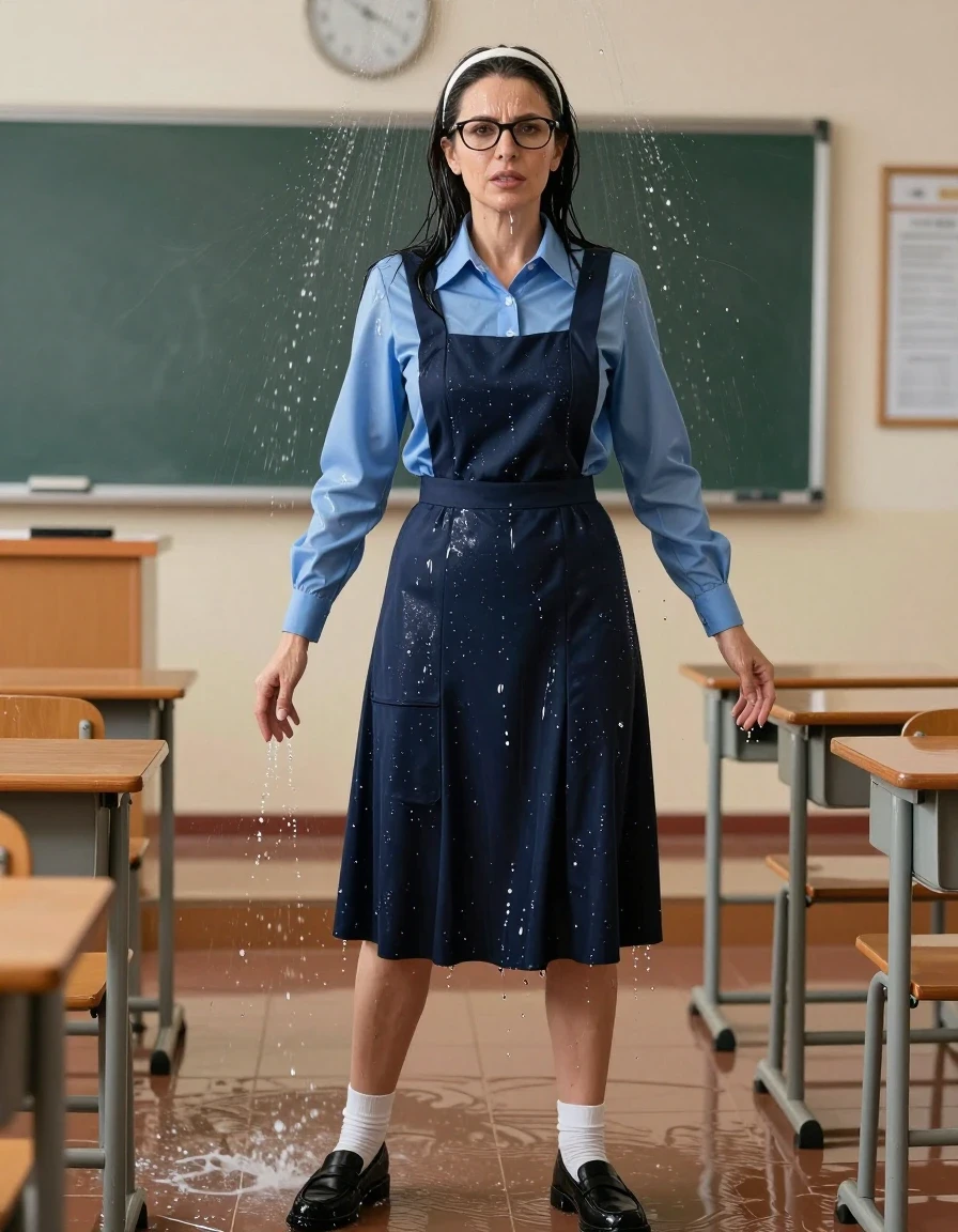 photo of young woman, in soaking wet, drenched clothes,
black shoes, white socks, school uniform with maxi dark blue school tight pinafore with pockets and blue shirt with long sleeves, school uniform with maxi dark blue school tight pinafore with pockets and blue shirt with long sleeves, under sprinklers in flooded classroom, enjoying wet clothes stuck body, enjoying, wet clothes stuck to body, 
enjoying, wet clothes stuck to body,
detailed textures of the wet clothes, wet face, wet plastered hair,
wet, drenched, professional, high-quality details, full body view.
sharp focus, ultra-high pixel detail, realistic, high-quality, full colors, incredibly detailed, 4k, 8k, 16k, hyper-realistic, RAW photo, masterpiece, ultra-detailed, professionally color graded, professional photograph, europen brunette skinny woman 50 years old, long dark black hair, very big and thick lips,  office glasses, white headband, complete body, wet skin, wet clothes, damp fabric, wet skin, wet clothes, damp fabric, wet skin, wet clothes, damp fabric, wet skin, wet clothes, damp fabric, wet skin, wet clothes, damp fabric