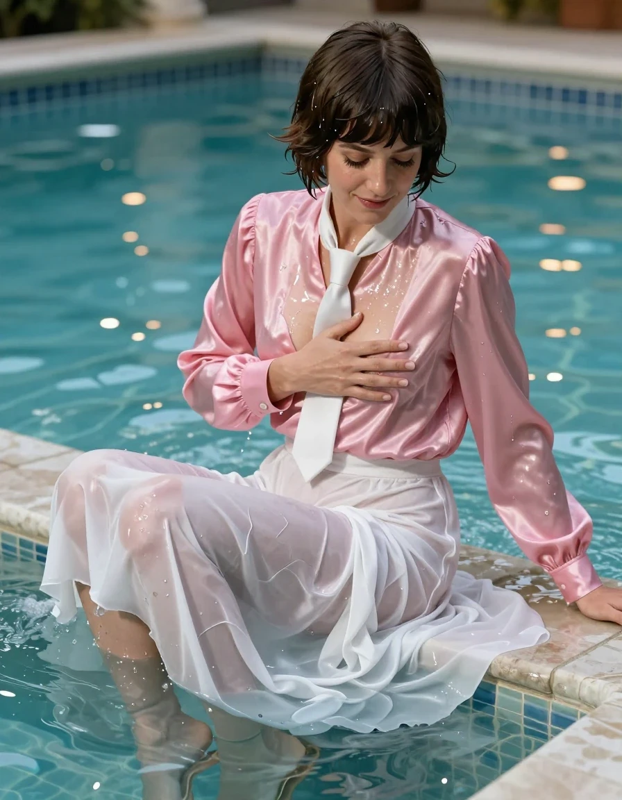 A photorealistic medium shot of a young adult European woman with a Beatles-style haircut, sitting inside a bubbling jacuzzi at a luxurious poolside. She is wearing an oversized long-sleeved pink satin blouse with a white necktie, the fabric is visibly drenched, clinging to her skin with heavy, dark, water-saturated patches and high-sheen specular highlights reflecting the pool lights. Her legs are covered by an excessively long, floor-length white silk skirt that is completely soaked, heavy with water, and clinging to her form with translucent wet folds. She is wearing sandals on her feet, which are partially submerged. Her expression is one of intense pleasure, eyes slightly closed, as she is actively massaging her breast with one hand. Her skin is glistening with water droplets and a slick, wet sheen, and her hair is matted and dark from the water. The environment features the turquoise, shimmering water of the jacuzzi and the tiled edge of a pool in the background. Soft, cinematic lighting captures the texture of the wet satin and silk, emphasizing the contrast between the saturated fabric and the glistening skin, 8k resolution, highly detailed, realistic wet-look photography.