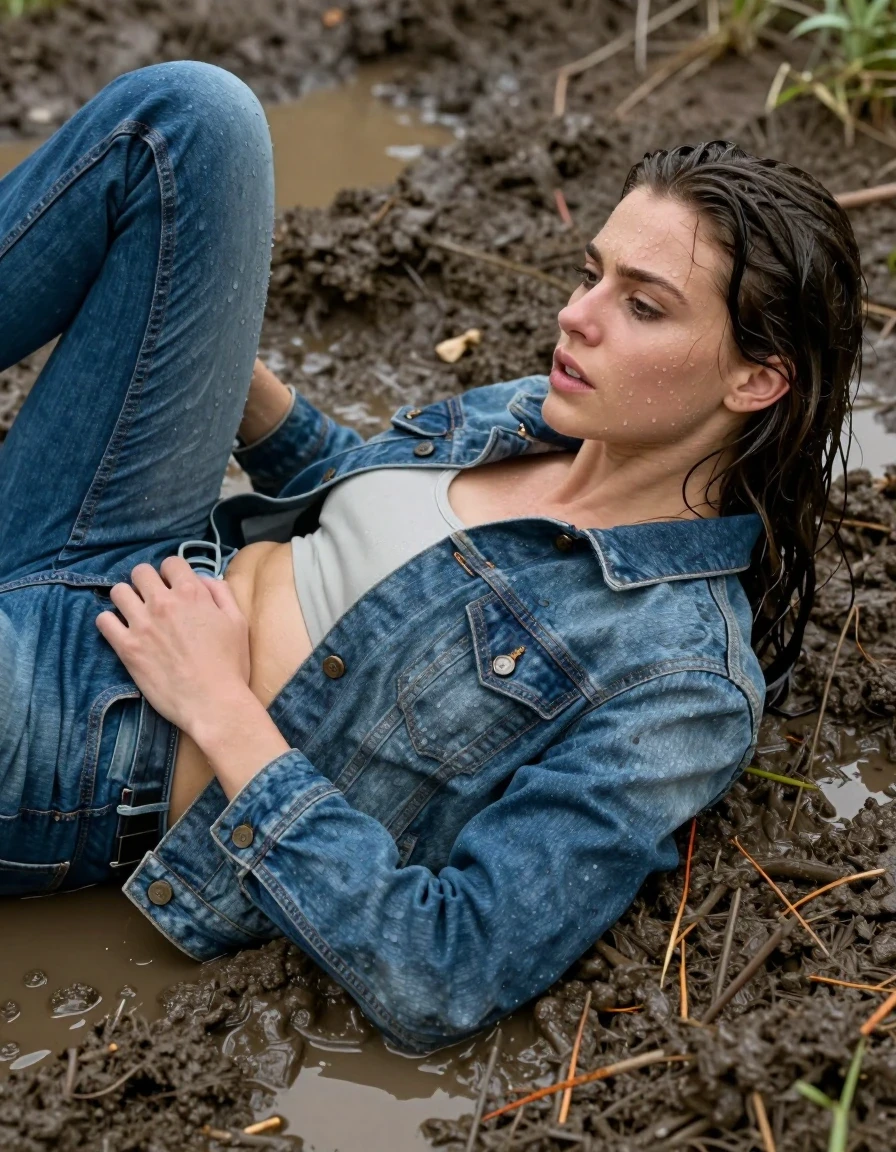 photo of young woman, in soaking wet, drenched clothes,
Jeans, Denim jacket, Mud pit, 
enjoying, wet clothes stuck to body,
detailed textures of the wet clothes, wet face, wet plastered hair,
wet, drenched, professional, high-quality details, full body view.
sharp focus, ultra-high pixel detail, realistic, high-quality, full colors, incredibly detailed, 4k, 8k, 16k, hyper-realistic, RAW photo, masterpiece, ultra-detailed, professionally color graded, professional photograph, Lying, wet skin, wet clothes, damp fabric