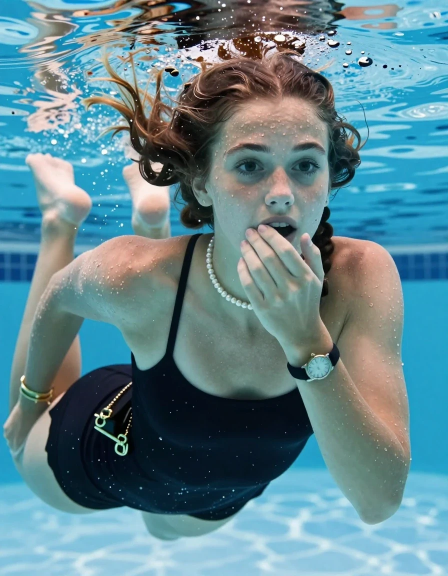 photo of young woman, in soaking wet, drenched clothes,
, , Small black dress with spaghetti straps and wide neckline, handbag, pearl necklace, bracelet, wristwatch , Swimming underwater in swimming pool , 
enjoying, wet clothes stuck to body,
detailed textures of the wet clothes, wet face, wet plastered hair,
wet, drenched, professional, high-quality details, full body view.
sharp focus, ultra-high pixel detail, realistic, high-quality, full colors, incredibly detailed, 4k, 8k, 16k, hyper-realistic, RAW photo, masterpiece, ultra-detailed, professionally color graded, professional photograph, Two long braids

15 years old  teenage girl

Laying her breast on the surface.  Looking slightly away. Hold her hand on mouth.

she is completely underwater up to her neck, afraid and astonished expression. 

her submerged clothes are hardly vusible under water, she soaked her handbag into the water

close up view, wet skin, wet clothes, wet hair, damp fabric, water runs down the clothes, wet skin, wet clothes, damp fabric, wet skin, wet clothes, damp fabric, wet skin, wet clothes, damp fabric, wet skin, wet clothes, damp fabric, wet skin, wet clothes, damp fabric, wet skin, wet clothes, damp fabric, wet skin, wet clothes, damp fabric, wet skin, wet clothes, damp fabric, wet skin, wet clothes, damp fabric, wet skin, wet clothes, damp fabric, wet skin, wet clothes, damp fabric, wet skin, wet clothes, damp fabric, wet skin, wet clothes, damp fabric, wet skin, wet clothes, damp fabric, wet skin, wet clothes, damp fabric, wet skin, wet clothes, damp fabric, wet skin, wet clothes, damp fabric, wet skin, wet clothes, damp fabric, wet skin, wet clothes, damp fabric