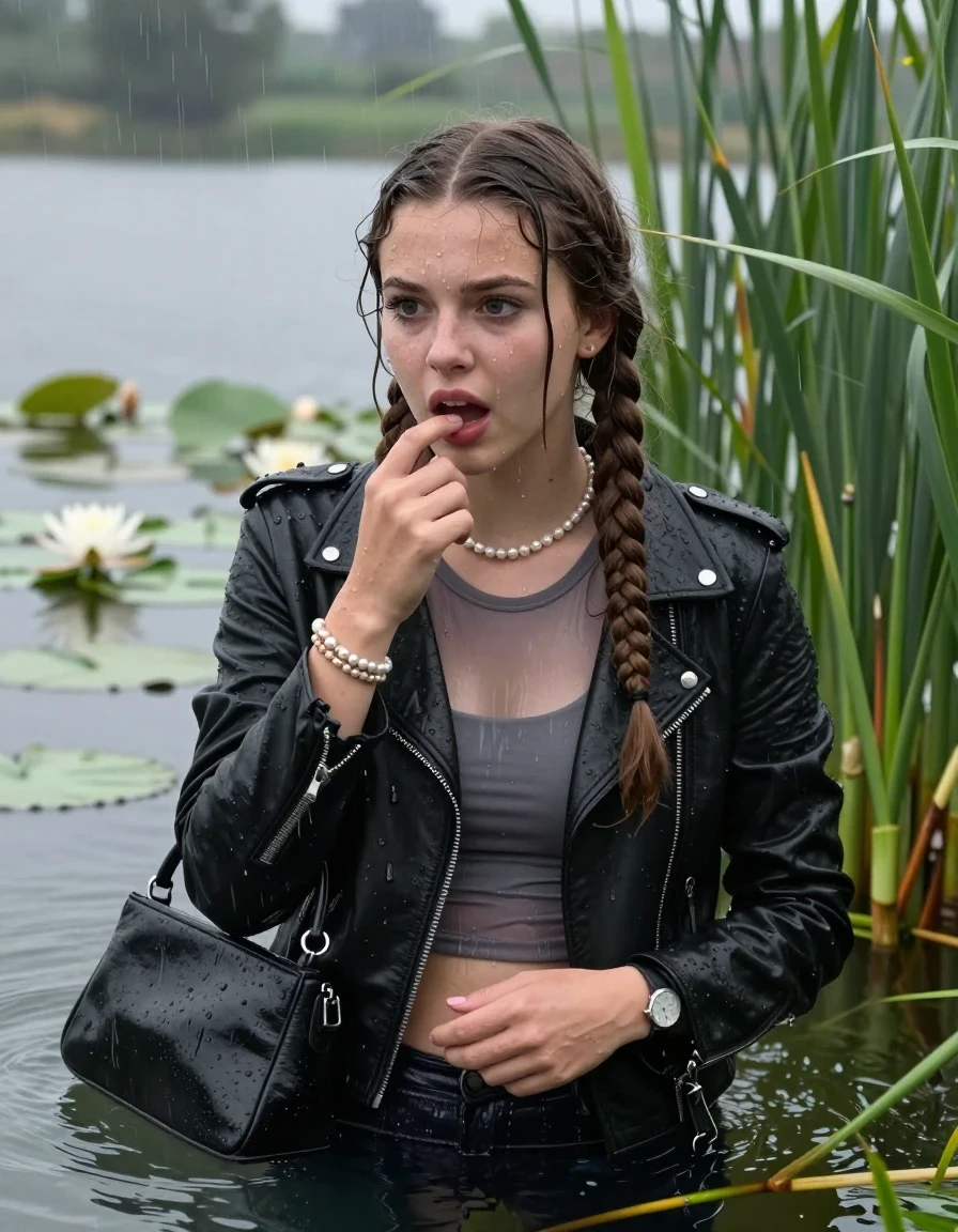 photo of young woman, in soaking wet, drenched clothes,
, , Black biker leatherjacket, tight sexy tshirt with wide neckline belly free, handbag, pearl necklace, bracelet, wristwatch , Emerging after diving in a lake with water lilies and reeds, rain , 
enjoying, wet clothes stuck to body,
detailed textures of the wet clothes, wet face, wet plastered hair,
wet, drenched, professional, high-quality details, full body view.
sharp focus, ultra-high pixel detail, realistic, high-quality, full colors, incredibly detailed, 4k, 8k, 16k, hyper-realistic, RAW photo, masterpiece, ultra-detailed, professionally color graded, professional photograph, Two long braids

15 years old  teenage girl

Only head and shoulders are over the surface visible. Looking slightly away. Puts a finger in the mouth.

she is completely underwater up to her neck, afraid and astonished expression. 

She hides in the reeds and is surprised by spectators

her submerged clothes are hardly vusible under water, she soaked her handbag into the water

close up view, wet skin, wet clothes, wet hair, damp fabric, water runs down the clothes, wet skin, wet clothes, damp fabric., wet skin, wet clothes, damp fabric