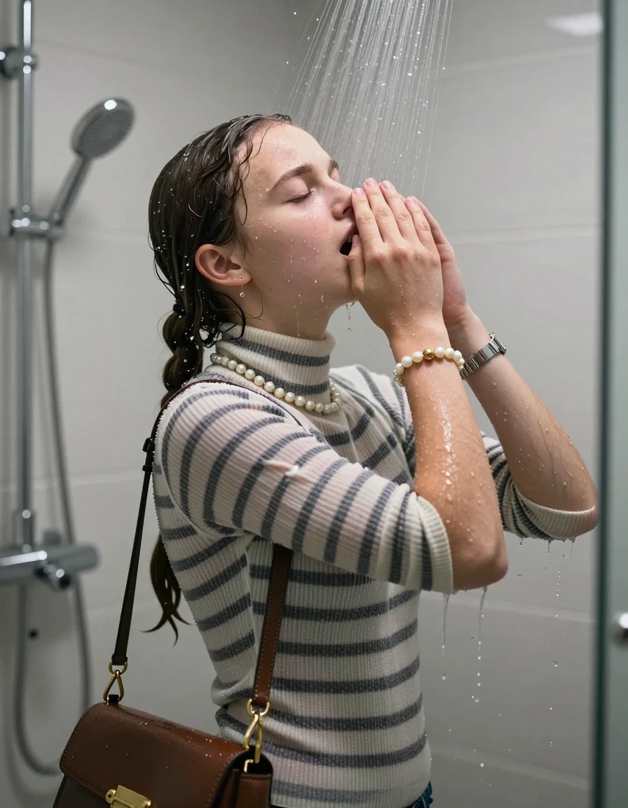 photo of young woman, in soaking wet, drenched clothes,
, ,  tight striped knit turtleneck sweater belly free, handbag, pearl necklace, bracelet, wristwatch, View from behind: Under the shower, strong jet of water, modern mirrored bathroom, 
enjoying, wet clothes stuck to body,
detailed textures of the wet clothes, wet face, wet plastered hair,
wet, drenched, professional, high-quality details, full body view.
sharp focus, ultra-high pixel detail, realistic, high-quality, full colors, incredibly detailed, 4k, 8k, 16k, hyper-realistic, RAW photo, masterpiece, ultra-detailed, professionally color graded, professional photograph, Two pigtails

15 years old  teenage girl

Only head and shoulders are over the surface visible. Open mouth, closed eyes. Looking up. Hold her hands on her nose.

she is completely underwater up to her neck, afraid and astonished expression. 

her submerged clothes are hardly vusible under water, she soaked her handbag into the water

close up view, wet skin, wet clothes, wet hair, damp fabric, water runs down the clothes, wet skin, wet clothes, damp fabric., wet skin, wet clothes, damp fabric, wet skin, wet clothes, damp fabric, wet skin, wet clothes, damp fabric
