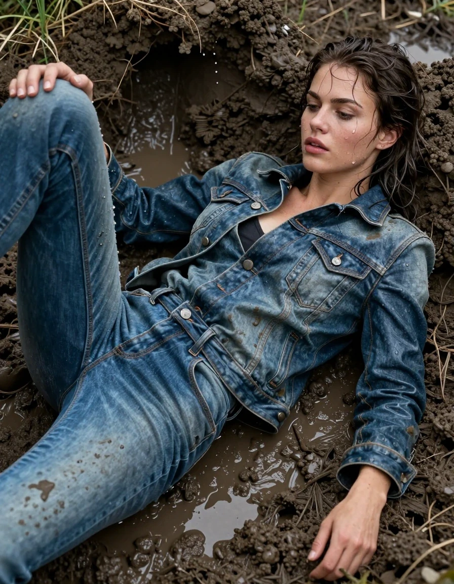photo of young woman, in soaking wet, drenched clothes,
Jeans, Denim jacket leather shirt, Deep Mud pit, 
enjoying, wet clothes stuck to body,
detailed textures of the wet clothes, wet face, wet plastered hair,
wet, drenched, professional, high-quality details, full body view.
sharp focus, ultra-high pixel detail, realistic, high-quality, full colors, incredibly detailed, 4k, 8k, 16k, hyper-realistic, RAW photo, masterpiece, ultra-detailed, professionally color graded, professional photograph, Lying, wet skin, wet clothes, damp fabric