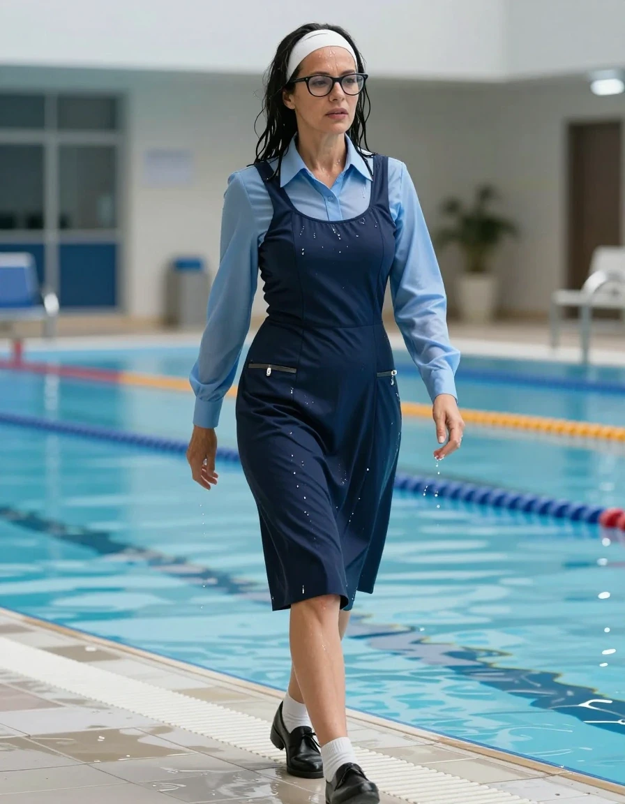 photo of young woman, in soaking wet, drenched clothes,
black shoes, white socks, school uniform with maxi dark blue school tight dress with two pockets and blue shirt with long sleeves, school uniform with maxi dark blue school tight dress with two pockets and blue shirt with long sleeves, walking after swimming in school pool, enjoying wet clothes stuck body, enjoying, wet clothes stuck to body, 
enjoying, wet clothes stuck to body,
detailed textures of the wet clothes, wet face, wet plastered hair,
wet, drenched, professional, high-quality details, full body view.
sharp focus, ultra-high pixel detail, realistic, high-quality, full colors, incredibly detailed, 4k, 8k, 16k, hyper-realistic, RAW photo, masterpiece, ultra-detailed, professionally color graded, professional photograph, europen brunette skinny woman 50 years old, long dark black hair, very big and thick lips,  office glasses, white headband, complete body, wet skin, wet clothes, damp fabric, wet skin, wet clothes, damp fabric, wet skin, wet clothes, damp fabric, wet skin, wet clothes, damp fabric, wet skin, wet clothes, damp fabric