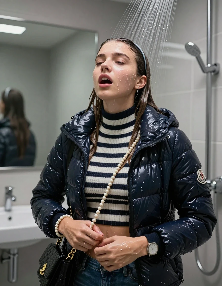 photo of young woman, in soaking wet, drenched clothes,
, , Moncler shiny puffer down jacket, tight striped knit turtleneck sweater belly free, handbag, pearl necklace, bracelet, wristwatch , Under the shower, strong jet of water, modern mirrored bathroom, 
enjoying, wet clothes stuck to body,
detailed textures of the wet clothes, wet face, wet plastered hair,
wet, drenched, professional, high-quality details, full body view.
sharp focus, ultra-high pixel detail, realistic, high-quality, full colors, incredibly detailed, 4k, 8k, 16k, hyper-realistic, RAW photo, masterpiece, ultra-detailed, professionally color graded, professional photograph, Sleek long straight hair with hairband

15 years old  teenage girl

Only head and shoulders are over the surface visible. Open mouth, closed eyes. Looking up.

she is completely underwater up to her neck, afraid and astonished expression. 

her submerged clothes are hardly vusible under water, she soaked her handbag into the water

close up view, wet skin, wet clothes, wet hair, damp fabric, water runs down the clothes, wet skin, wet clothes, damp fabric., wet skin, wet clothes, damp fabric, wet skin, wet clothes, damp fabric, wet skin, wet clothes, damp fabric