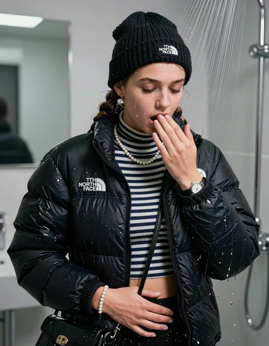 photo of young woman, in soaking wet, drenched clothes,
, , Black North face puffer down jacket, tight striped knit turtleneck sweater belly free, handbag, pearl necklace, bracelet, wristwatch, black knitted north face hat, Under the shower, strong jet of water, modern mirrored bathroom, 
enjoying, wet clothes stuck to body,
detailed textures of the wet clothes, wet face, wet plastered hair,
wet, drenched, professional, high-quality details, full body view.
sharp focus, ultra-high pixel detail, realistic, high-quality, full colors, incredibly detailed, 4k, 8k, 16k, hyper-realistic, RAW photo, masterpiece, ultra-detailed, professionally color graded, professional photograph, Two pigtails

15 years old  teenage girl

Only head and shoulders are over the surface visible. Open mouth, closed eyes. Looking down. Hold her hand on her mouth.

she is completely underwater up to her neck, afraid and astonished expression. 

her submerged clothes are hardly vusible under water, she soaked her handbag into the water

close up view, wet skin, wet clothes, wet hair, damp fabric, water runs down the clothes, wet skin, wet clothes, damp fabric., wet skin, wet clothes, damp fabric, wet skin, wet clothes, damp fabric, wet skin, wet clothes, damp fabric
