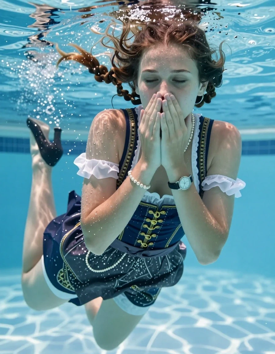 photo of young woman, in soaking wet, drenched clothes,
Heels, , Sexy Dirndl, Shoulderbag, pearl necklace, bracelet, wristwatch , Swimming half submerged underwater in swimming pool , 
enjoying, wet clothes stuck to body,
detailed textures of the wet clothes, wet face, wet plastered hair,
wet, drenched, professional, high-quality details, full body view.
sharp focus, ultra-high pixel detail, realistic, high-quality, full colors, incredibly detailed, 4k, 8k, 16k, hyper-realistic, RAW photo, masterpiece, ultra-detailed, professionally color graded, professional photograph, Two sleek long braids

15 years old  teenage girl

Covers her nose with her hands. Looking slightly away. Open mouth, closed eyes.

she is completely underwater up to her neck, afraid and astonished expression. 

Swimming movements with Arms and legs. Breast swimming.

her submerged clothes are hardly vusible under water, she soaked her handbag into the water

close up view, wet skin, wet clothes, wet hair, damp fabric, water runs down the clothes, wet skin, wet clothes, damp fabric, wet skin, wet clothes, damp fabric, wet skin, wet clothes, damp fabric, wet skin, wet clothes, damp fabric, wet skin, wet clothes, damp fabric, wet skin, wet clothes, damp fabric, wet skin, wet clothes, damp fabric, wet skin, wet clothes, damp fabric, wet skin, wet clothes, damp fabric, wet skin, wet clothes, damp fabric, wet skin, wet clothes, damp fabric, wet skin, wet clothes, damp fabric, wet skin, wet clothes, damp fabric, wet skin, wet clothes, damp fabric, wet skin, wet clothes, damp fabric, wet skin, wet clothes, damp fabric, wet skin, wet clothes, damp fabric, wet skin, wet clothes, damp fabric, wet skin, wet clothes, damp fabric, wet skin, wet clothes, damp fabric, wet skin, wet clothes, damp fabric, wet skin, wet clothes, damp fabric, wet skin, wet clothes, damp fabric, wet skin, wet clothes, damp fabric