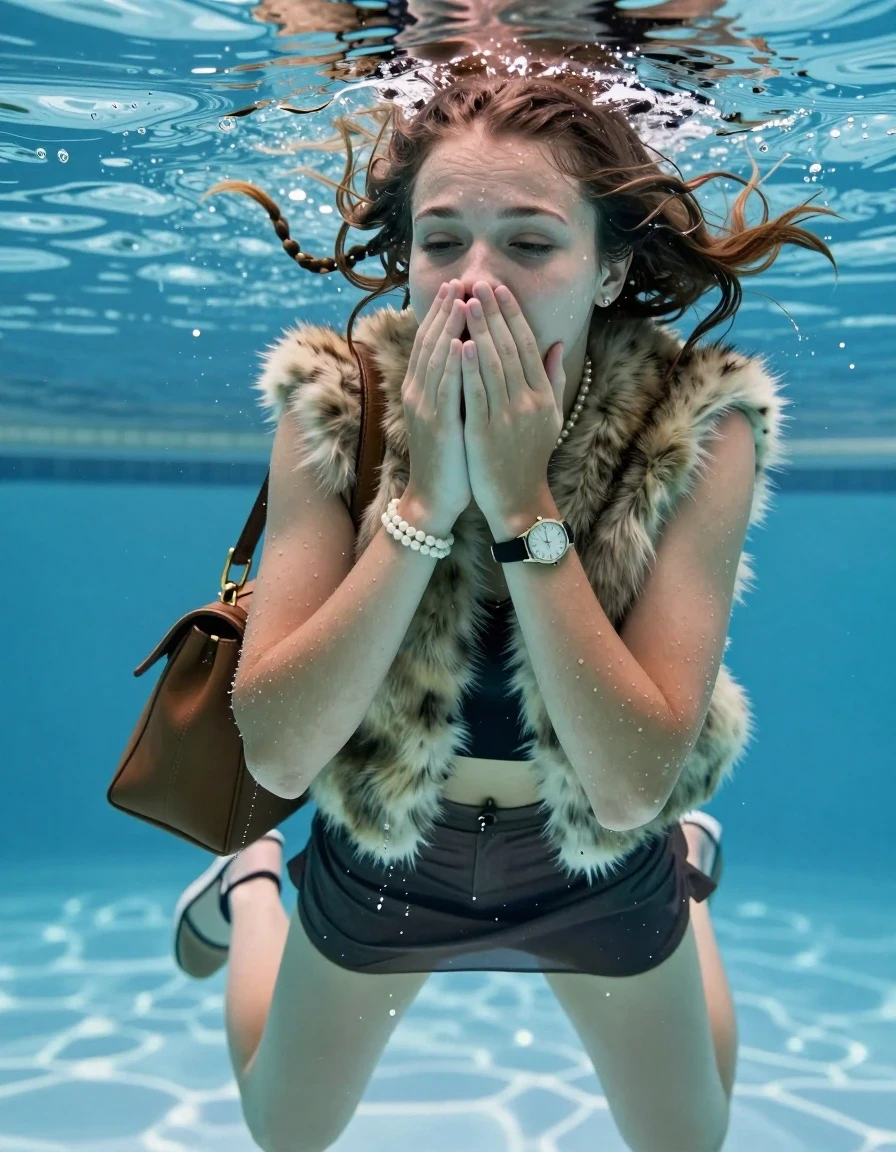 photo of young woman, in soaking wet, drenched clothes,
Heels,  Mini skirt, Fur coat, Shoulderbag, pearl necklace, bracelet, wristwatch , Swimming half submerged underwater in swimming pool , 
enjoying, wet clothes stuck to body,
detailed textures of the wet clothes, wet face, wet plastered hair,
wet, drenched, professional, high-quality details, full body view.
sharp focus, ultra-high pixel detail, realistic, high-quality, full colors, incredibly detailed, 4k, 8k, 16k, hyper-realistic, RAW photo, masterpiece, ultra-detailed, professionally color graded, professional photograph, Two sleek long braids

15 years old  teenage girl

Covers her nose with her hands. Looking slightly away. Open mouth, closed eyes.

she is completely underwater up to her neck, afraid and astonished expression. 

Swimming movements with Arms and legs. Breast swimming.

her submerged clothes are hardly vusible under water, she soaked her handbag into the water

close up view, wet skin, wet clothes, wet hair, damp fabric, water runs down the clothes, wet skin, wet clothes, damp fabric, wet skin, wet clothes, damp fabric, wet skin, wet clothes, damp fabric, wet skin, wet clothes, damp fabric, wet skin, wet clothes, damp fabric, wet skin, wet clothes, damp fabric, wet skin, wet clothes, damp fabric, wet skin, wet clothes, damp fabric, wet skin, wet clothes, damp fabric, wet skin, wet clothes, damp fabric, wet skin, wet clothes, damp fabric, wet skin, wet clothes, damp fabric, wet skin, wet clothes, damp fabric, wet skin, wet clothes, damp fabric, wet skin, wet clothes, damp fabric, wet skin, wet clothes, damp fabric, wet skin, wet clothes, damp fabric, wet skin, wet clothes, damp fabric, wet skin, wet clothes, damp fabric, wet skin, wet clothes, damp fabric, wet skin, wet clothes, damp fabric, wet skin, wet clothes, damp fabric, wet skin, wet clothes, damp fabric, wet skin, wet clothes, damp fabric