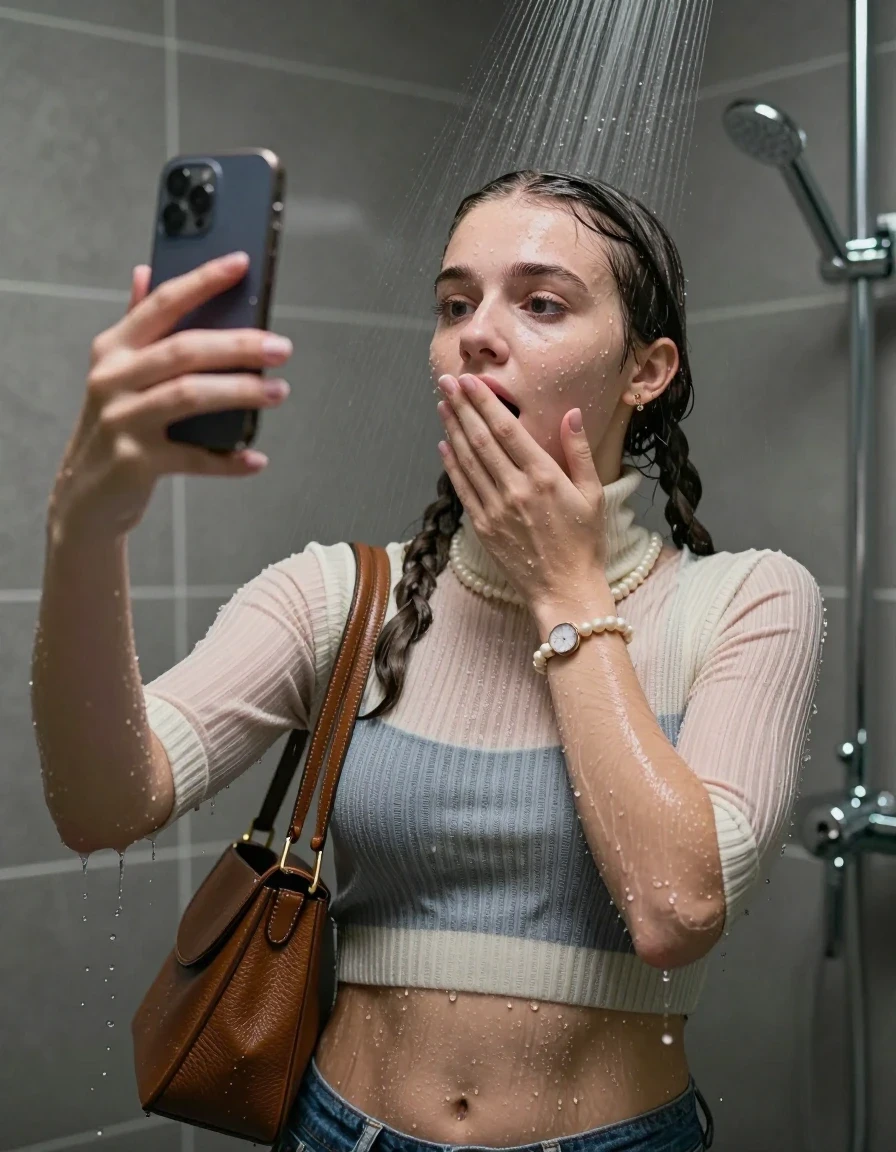 photo of young woman, in soaking wet, drenched clothes,
, ,  tight striped knit turtleneck sweater belly free, handbag, pearl necklace, bracelet, wristwatch, Under the shower, strong jet of water, modern mirrored bathroom, 
enjoying, wet clothes stuck to body,
detailed textures of the wet clothes, wet face, wet plastered hair,
wet, drenched, professional, high-quality details, full body view.
sharp focus, ultra-high pixel detail, realistic, high-quality, full colors, incredibly detailed, 4k, 8k, 16k, hyper-realistic, RAW photo, masterpiece, ultra-detailed, professionally color graded, professional photograph, Two pigtails

15 years old  teenage girl

Only head and shoulders are over the surface visible. Open mouth, half closed eyes. Looking up. Take a Selfie with her smartphone. One Hand over her mouth.

she is completely underwater up to her neck, afraid and astonished expression. 

her submerged clothes are hardly vusible under water, she soaked her handbag into the water

close up view, wet skin, wet clothes, wet hair, damp fabric, water runs down the clothes, wet skin, wet clothes, damp fabric., wet skin, wet clothes, damp fabric, wet skin, wet clothes, damp fabric, wet skin, wet clothes, damp fabric, wet skin, wet clothes, damp fabric