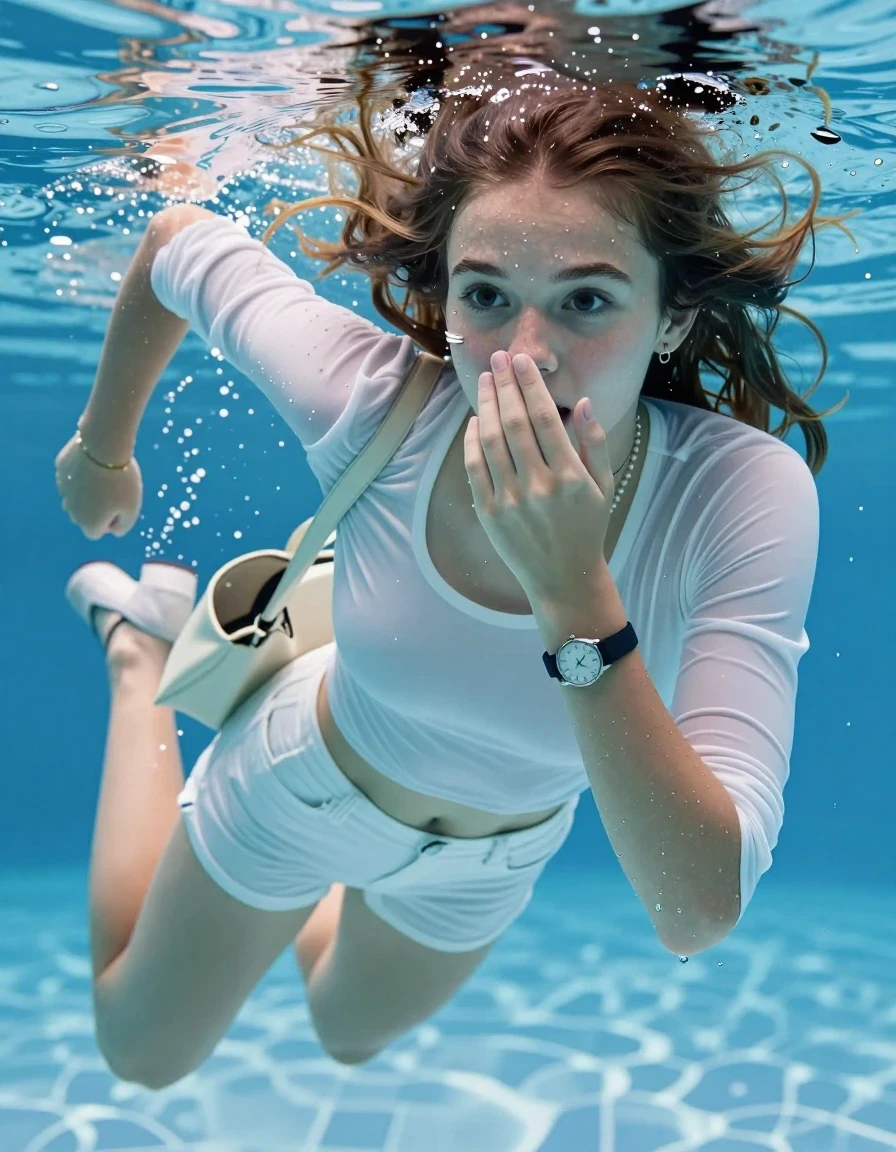 photo of young woman, in soaking wet, drenched clothes,
Heels, White mini , Blouson, tight sexy tshirt with wide neckline belly free, shoulderbag, pearl necklace, bracelet, wristwatch , Swimming underwater in swimming pool, only head is visible over surface, 
enjoying, wet clothes stuck to body,
detailed textures of the wet clothes, wet face, wet plastered hair,
wet, drenched, professional, high-quality details, full body view.
sharp focus, ultra-high pixel detail, realistic, high-quality, full colors, incredibly detailed, 4k, 8k, 16k, hyper-realistic, RAW photo, masterpiece, ultra-detailed, professionally color graded, professional photograph, sleek long straight hair 

15 years old  teenage girl

Covers her nose with her hands. Looking slightly away. Open mouth, big eyes.

she is completely underwater up to her neck, afraid and astonished expression. 

Swimming movements with Arms and legs. Breast swimming.

her submerged clothes are hardly vusible under water, she soaked her handbag into the water

close up view, wet skin, wet clothes, wet hair, damp fabric, water runs down the clothes, wet skin, wet clothes, damp fabric, wet skin, wet clothes, damp fabric, wet skin, wet clothes, damp fabric, wet skin, wet clothes, damp fabric, wet skin, wet clothes, damp fabric, wet skin, wet clothes, damp fabric, wet skin, wet clothes, damp fabric, wet skin, wet clothes, damp fabric, wet skin, wet clothes, damp fabric, wet skin, wet clothes, damp fabric, wet skin, wet clothes, damp fabric, wet skin, wet clothes, damp fabric, wet skin, wet clothes, damp fabric, wet skin, wet clothes, damp fabric, wet skin, wet clothes, damp fabric, wet skin, wet clothes, damp fabric, wet skin, wet clothes, damp fabric, wet skin, wet clothes, damp fabric, wet skin, wet clothes, damp fabric, wet skin, wet clothes, damp fabric, wet skin, wet clothes, damp fabric, wet skin, wet clothes, damp fabric, wet skin, wet clothes, damp fabric, wet skin, wet clothes, damp fabric
